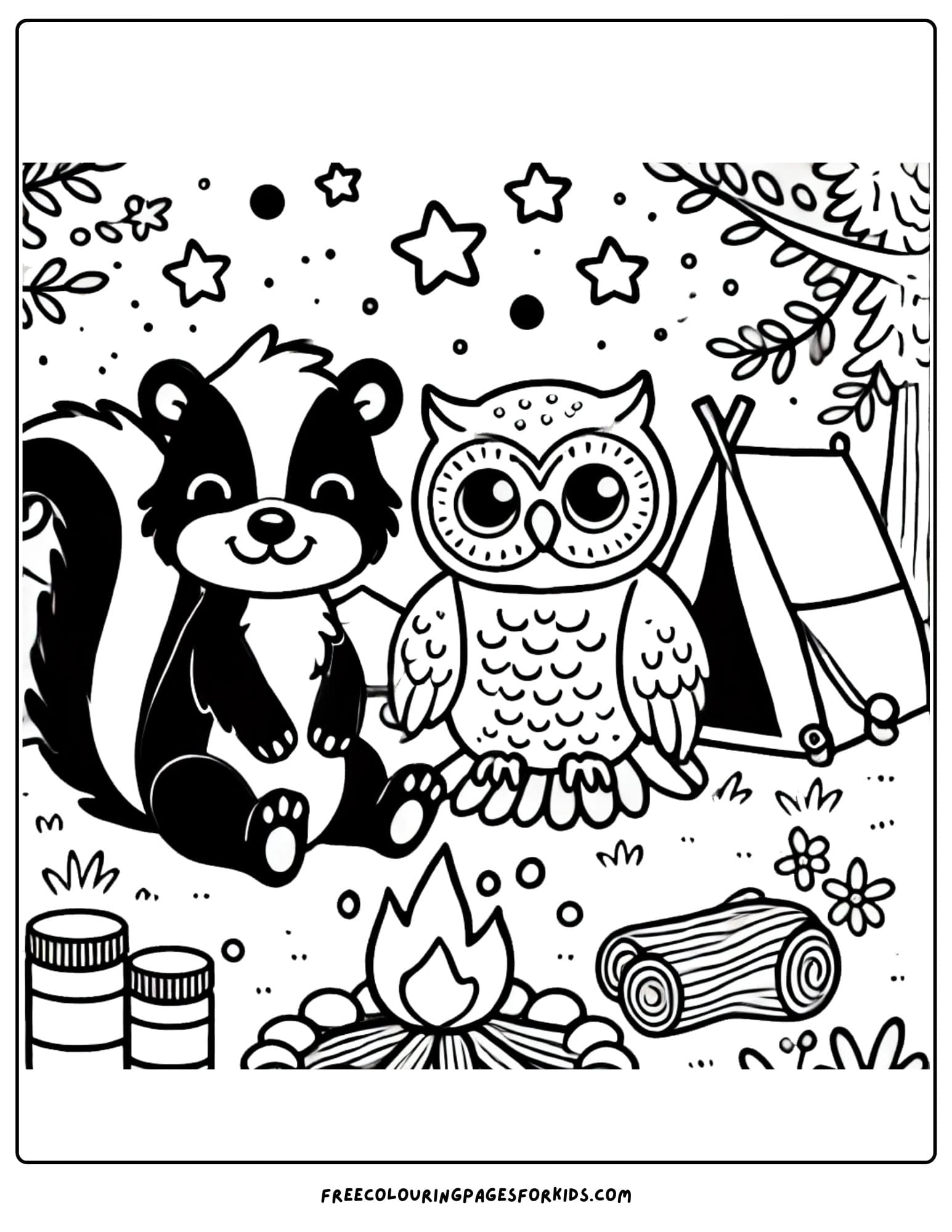 camping with a friendly skunk and owl coloring page