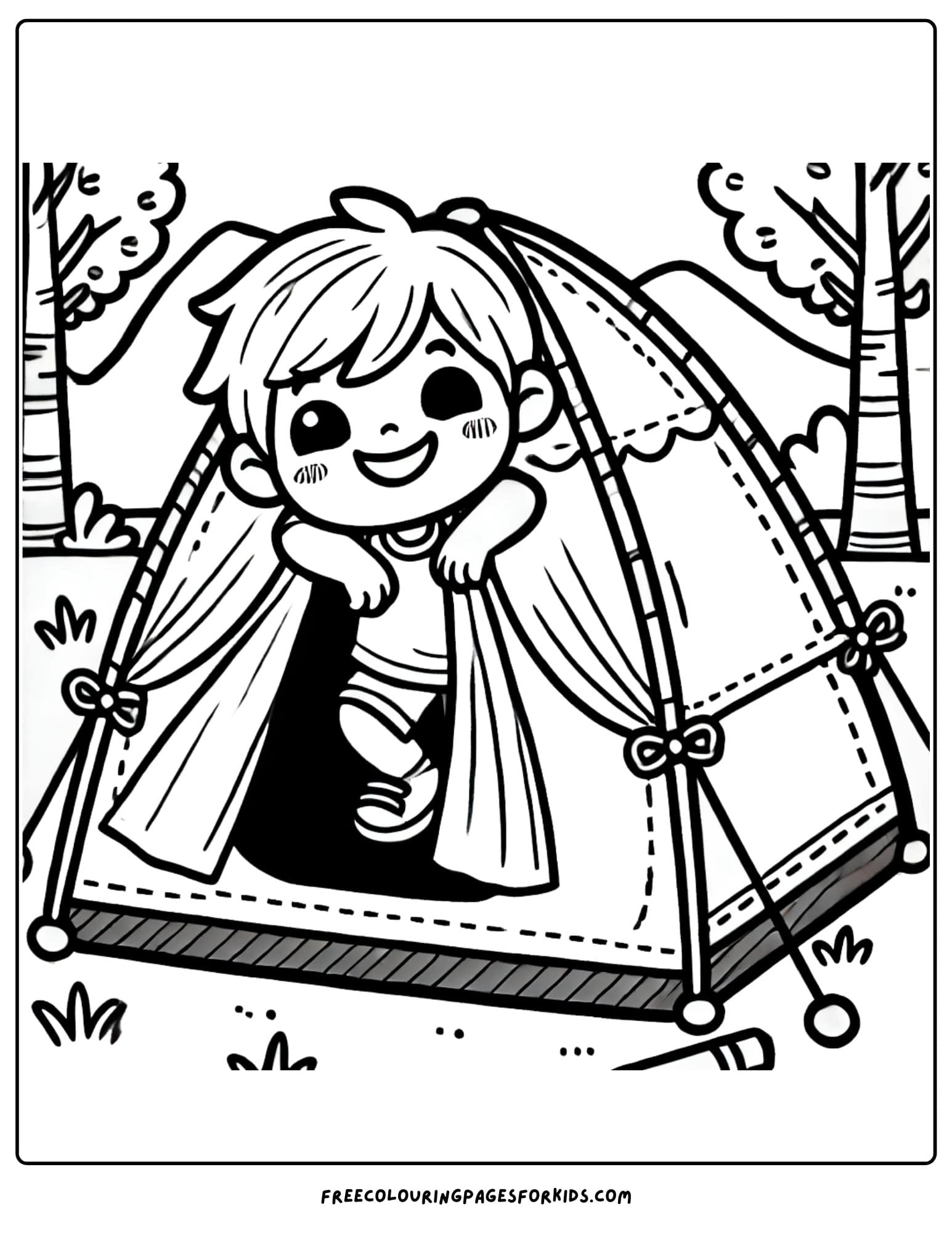 camping happy camper coming out of their tent coloring page