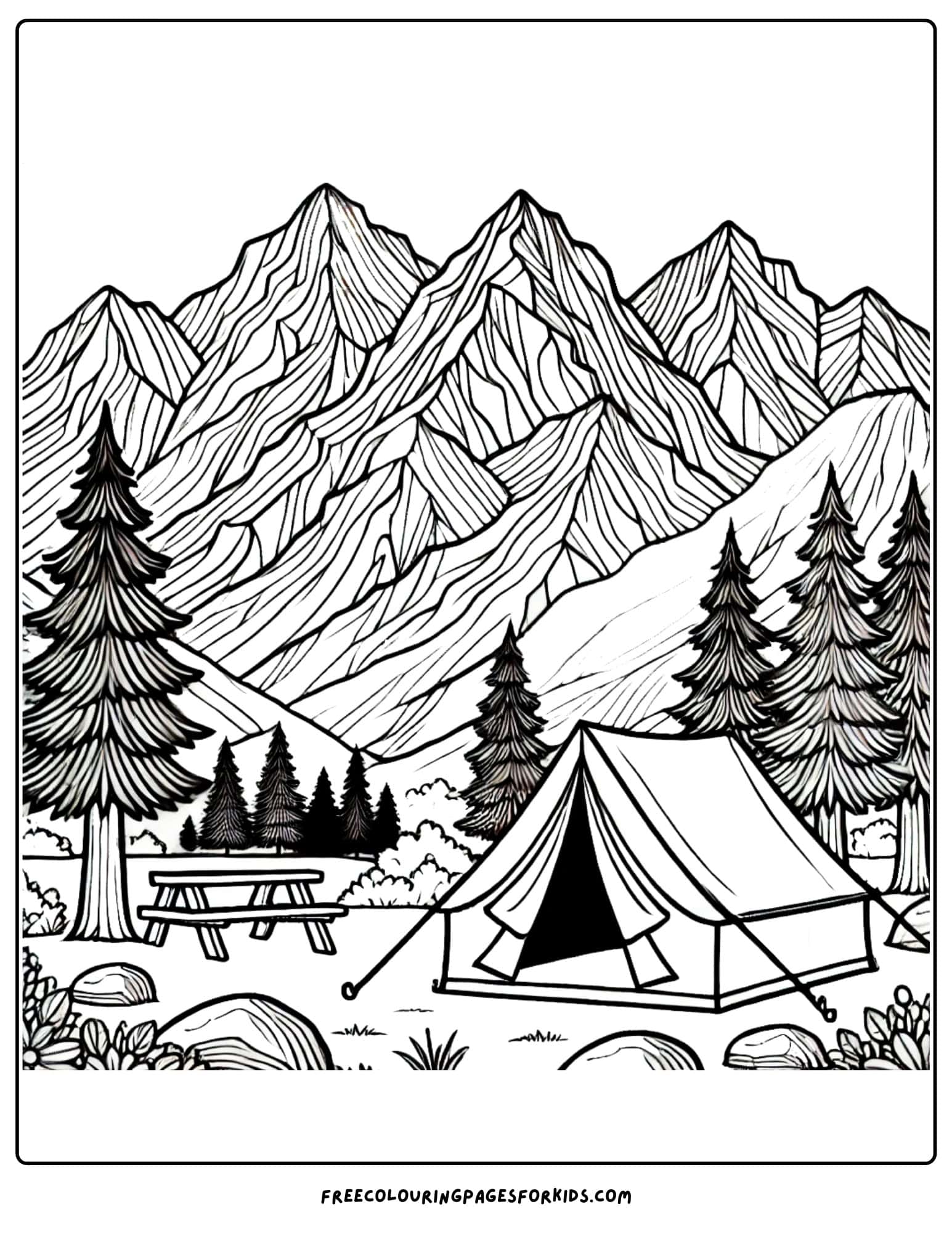 camping with views of the mountains behind coloring page