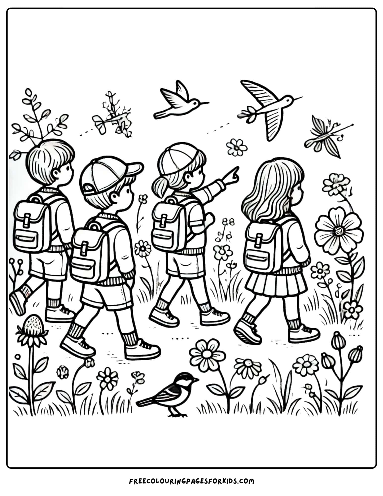 camping and going on a nature hike coloring page