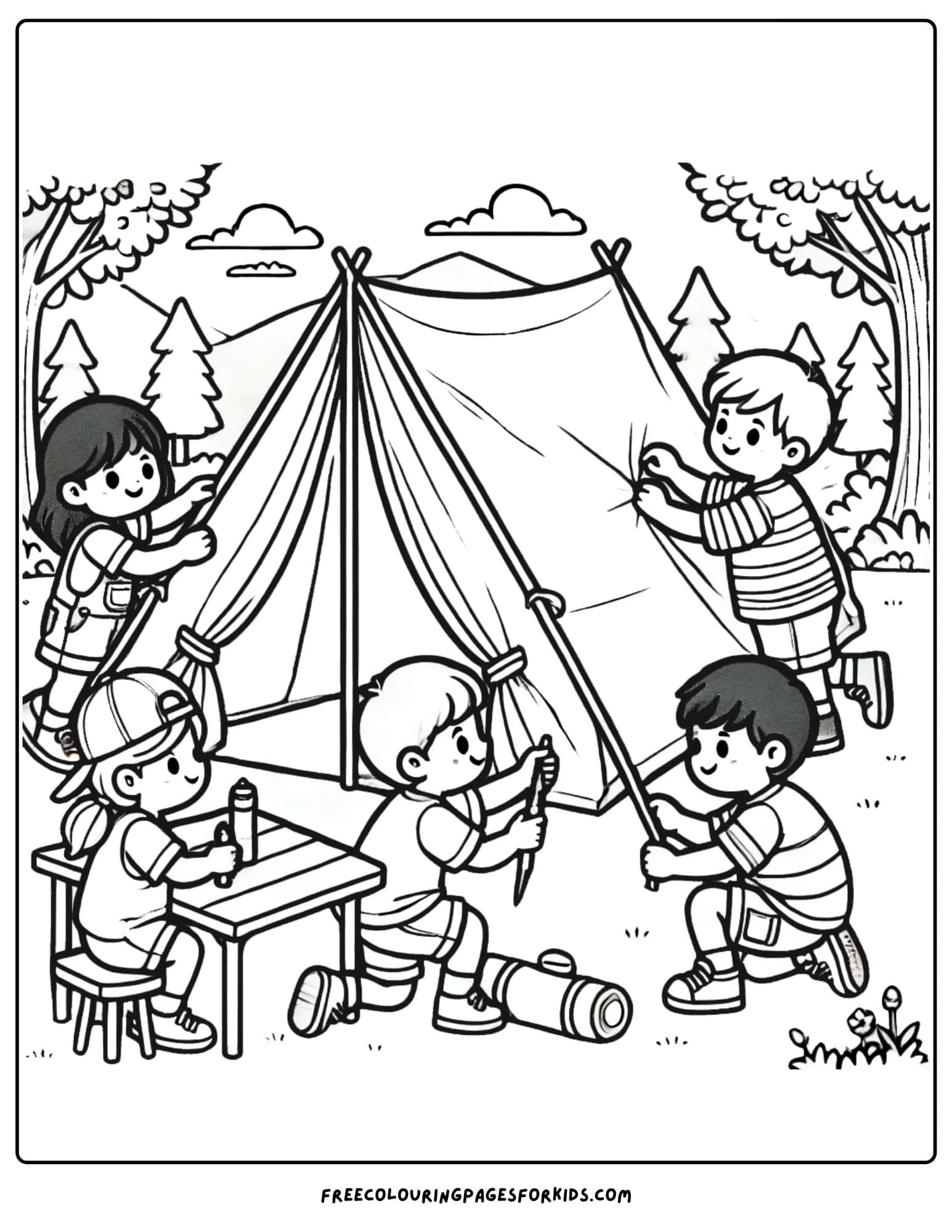 camping and setting up the tent coloring page