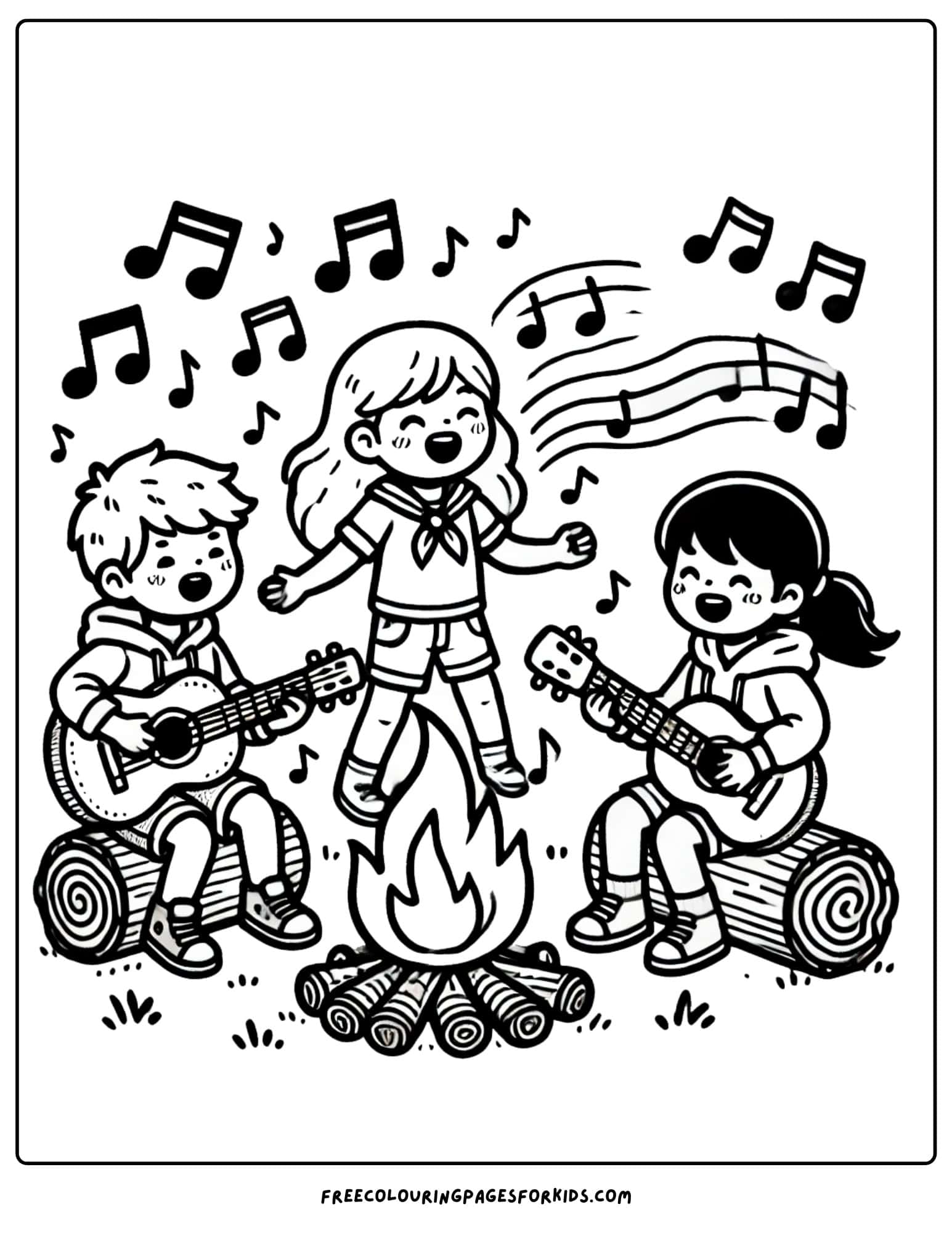 camping and signing songs around the fire coloring page