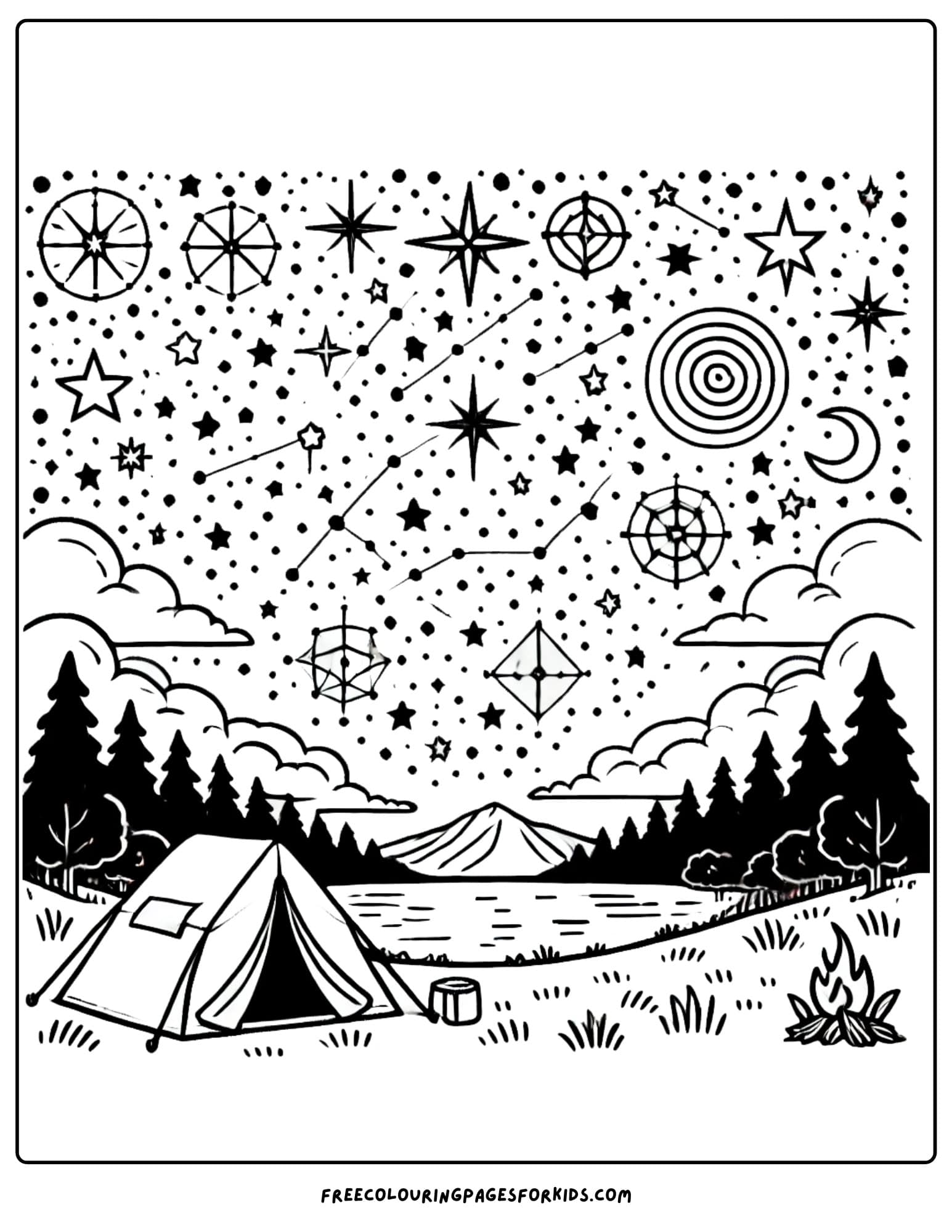 camping starry sky at night coloring page