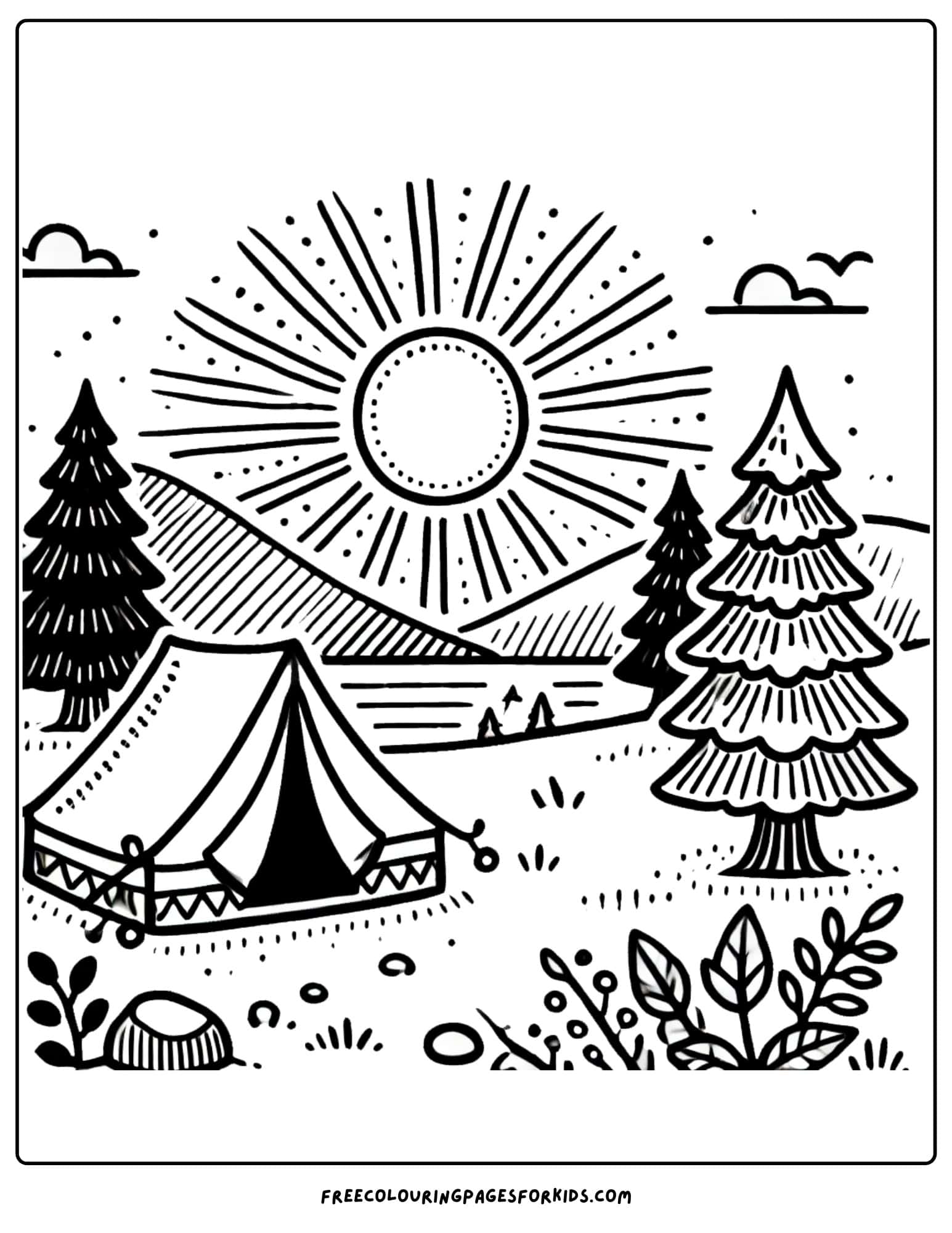 camping sunrise over the camp coloring page