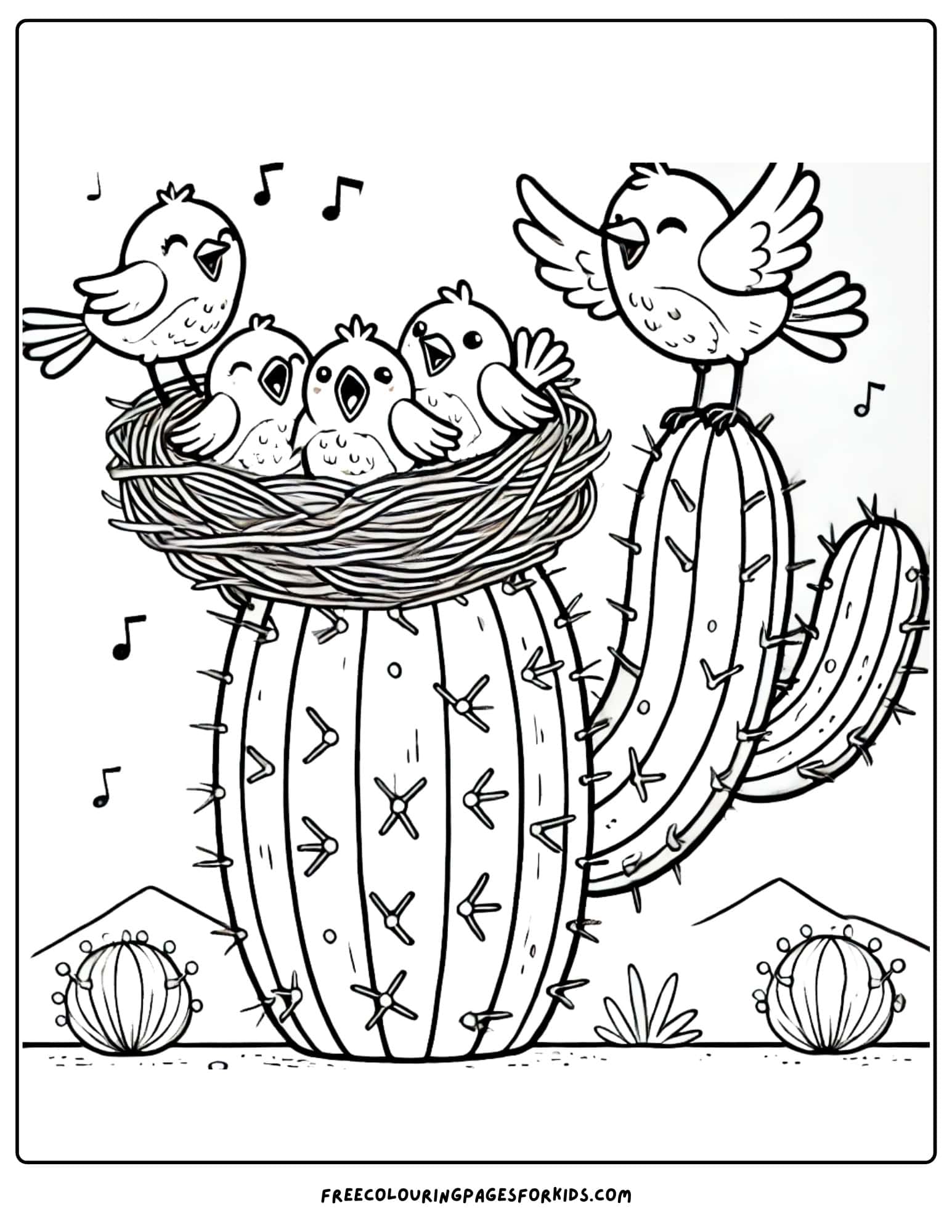 desert cactus with birds nest on top coloring page