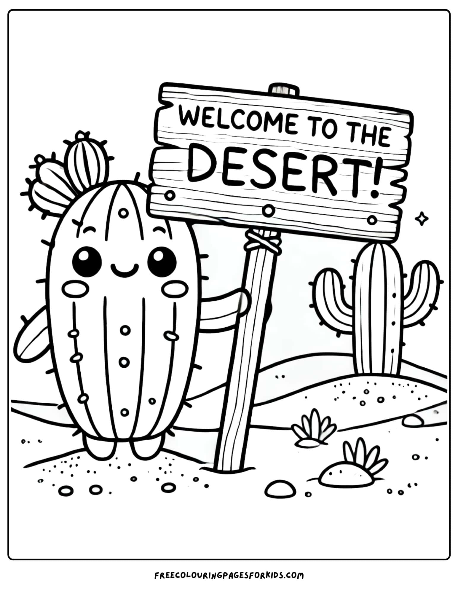 desert cactus holding a sigh coloring page