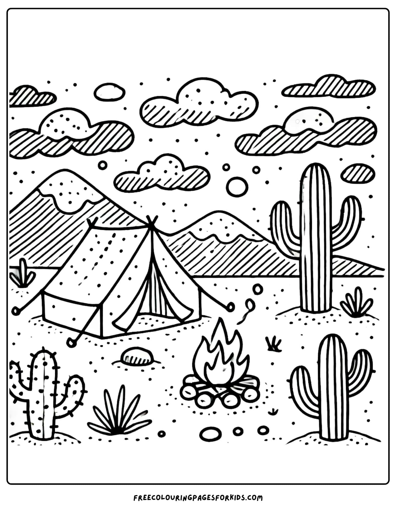 desert camping in a tent coloring page