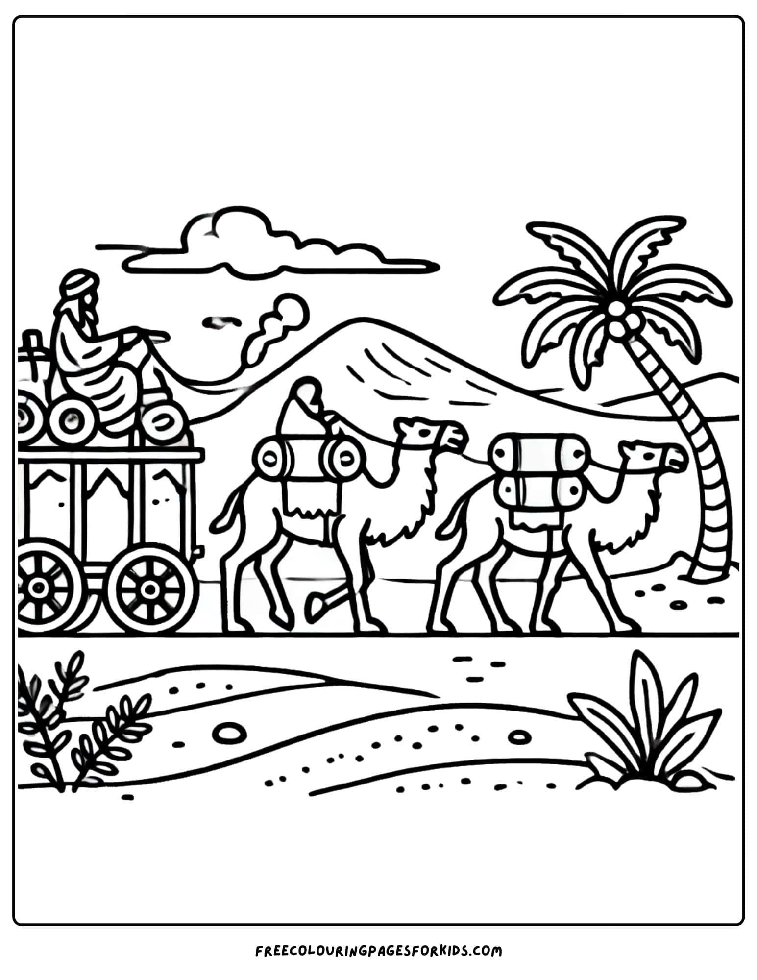 desert caravan with camels coloring page