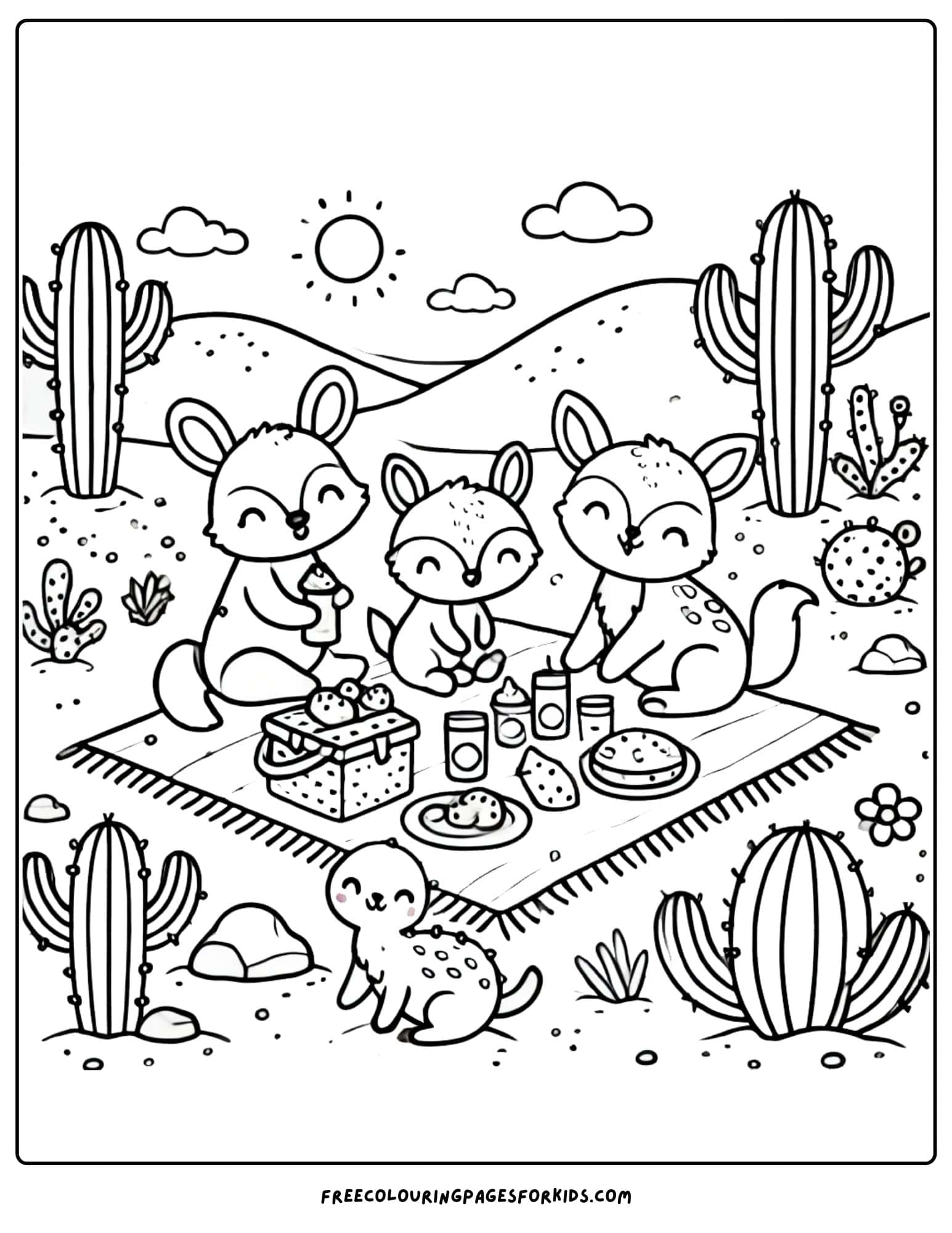 desert picnic with animals coloring page