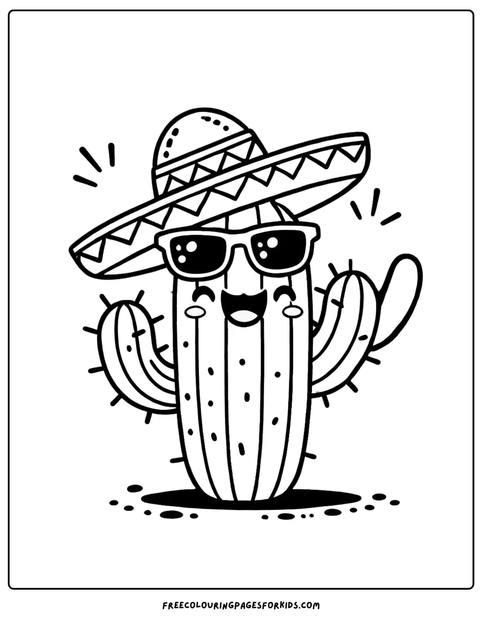 desert cactus smiling and wearing a hat and sungalsses coloring page