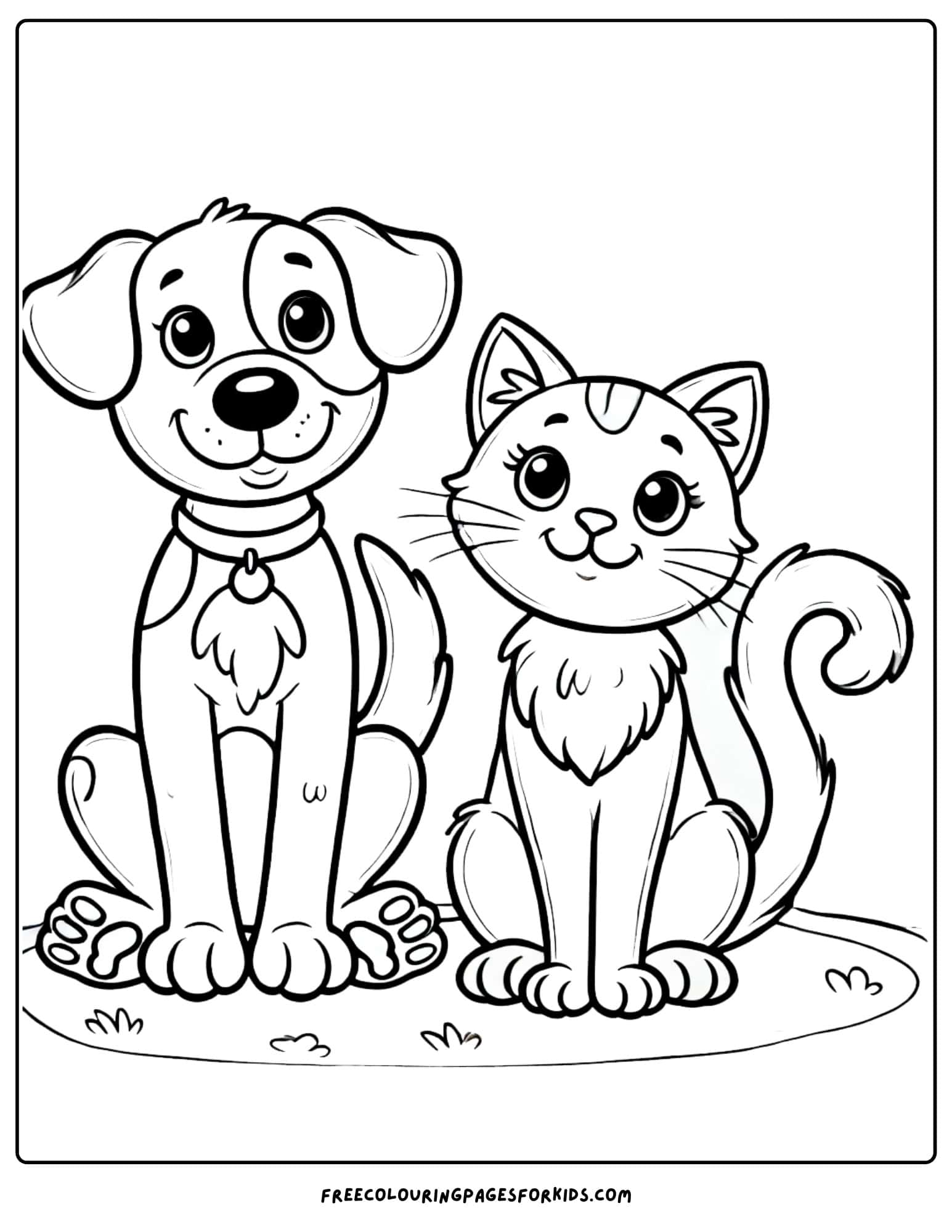 dog and a cat sitting together coloring page