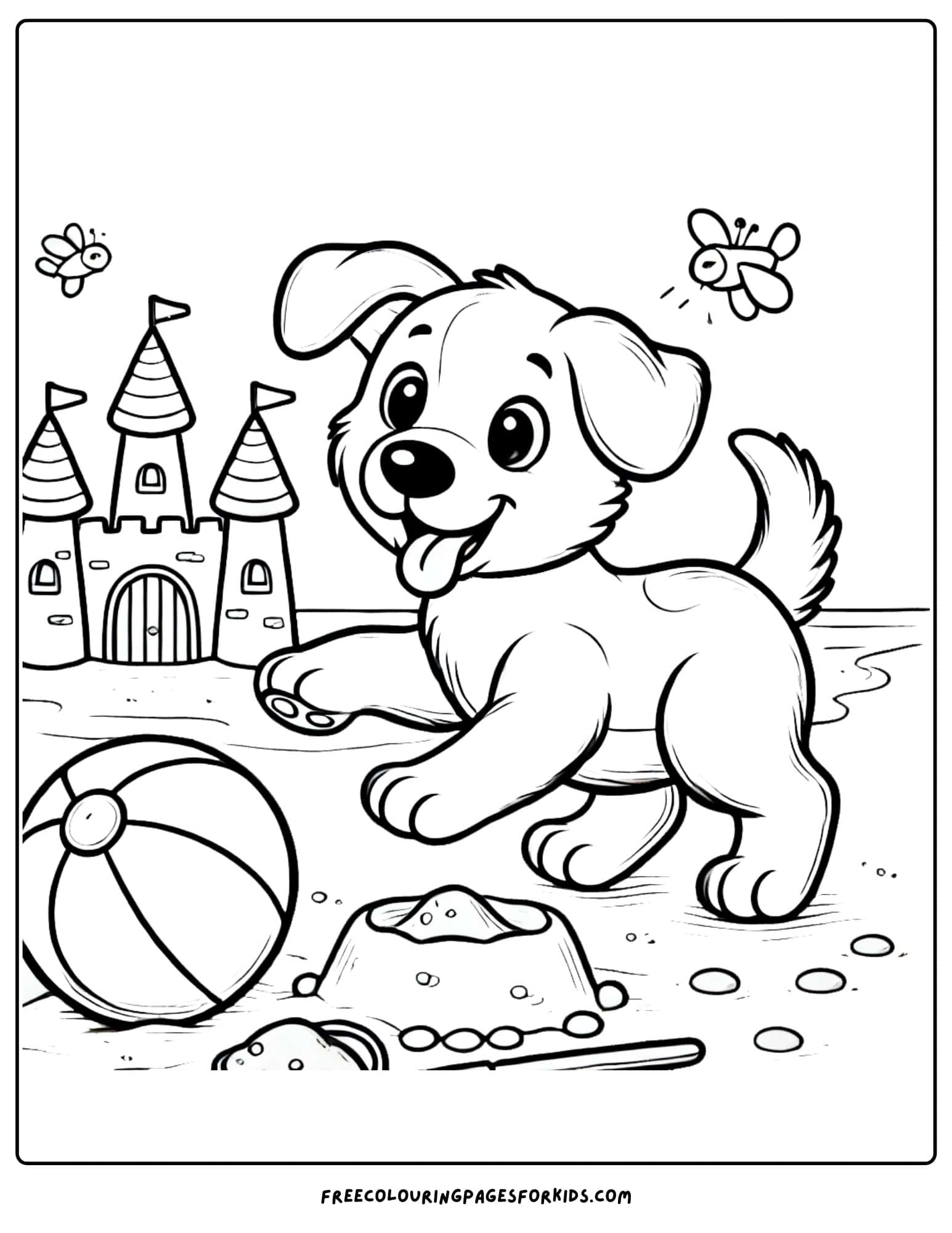 dog at the beach playing with a ball coloring page