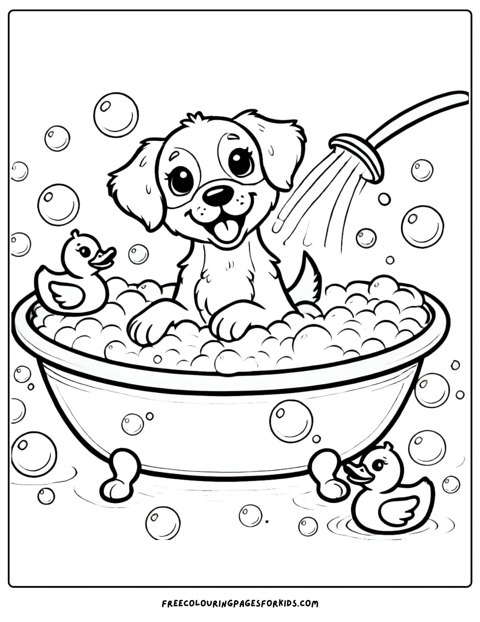 dog having a bubble bath coloring page