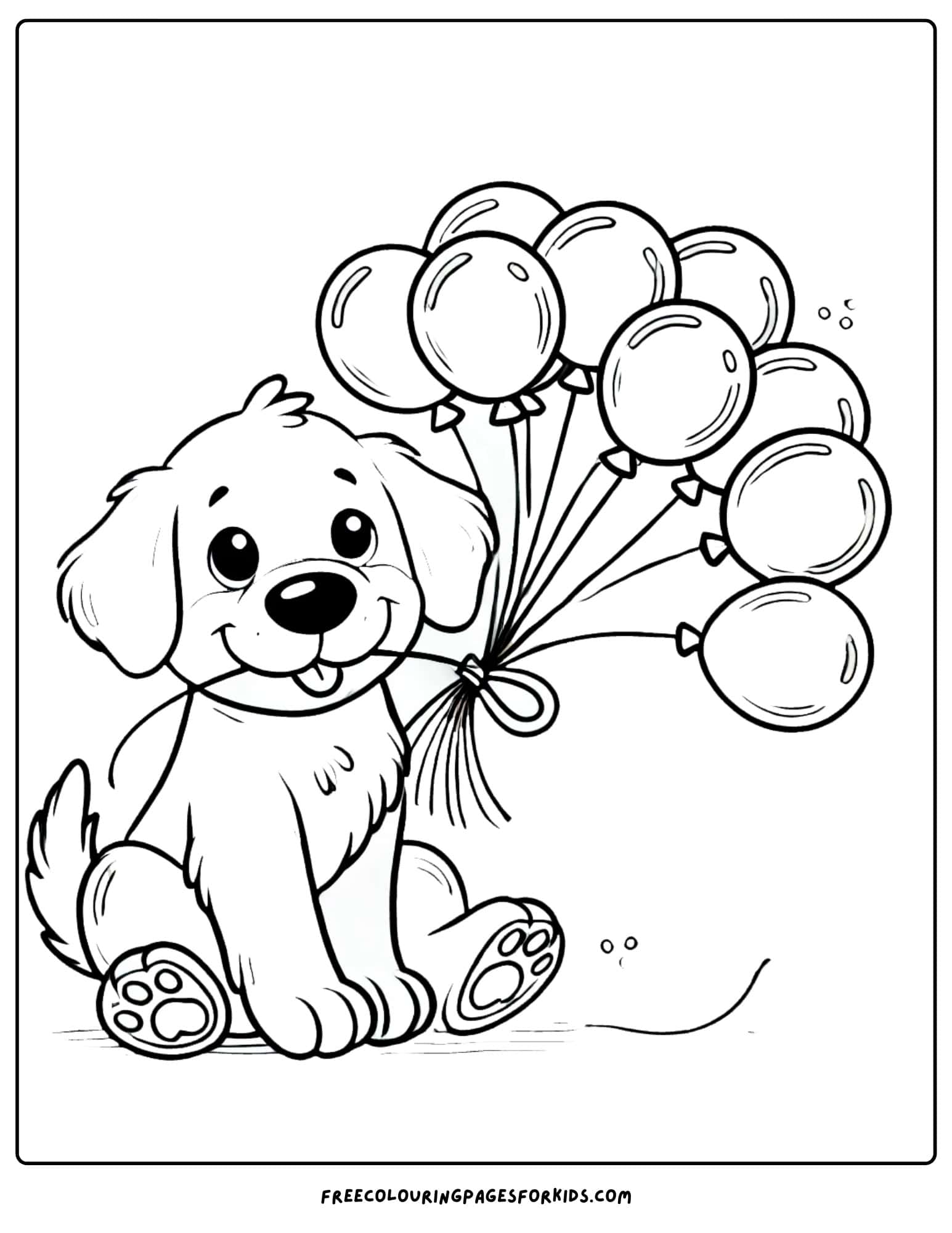 dog holding a bunch of balloons coloring page