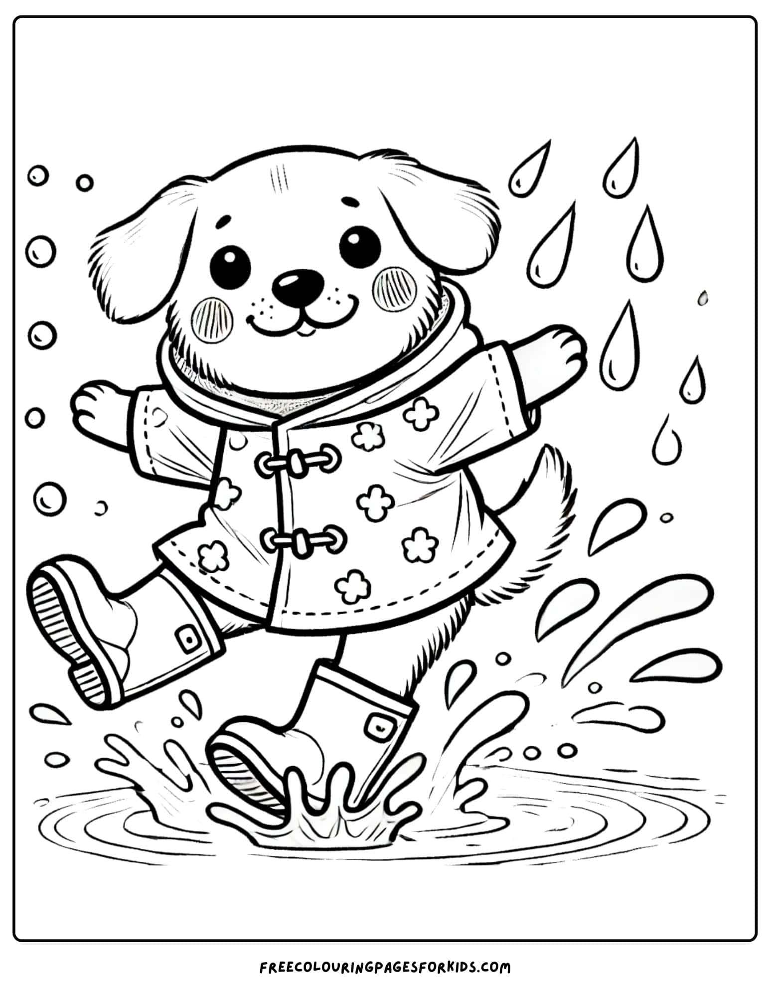 dog wearing raincoat splashing in the rain coloring page