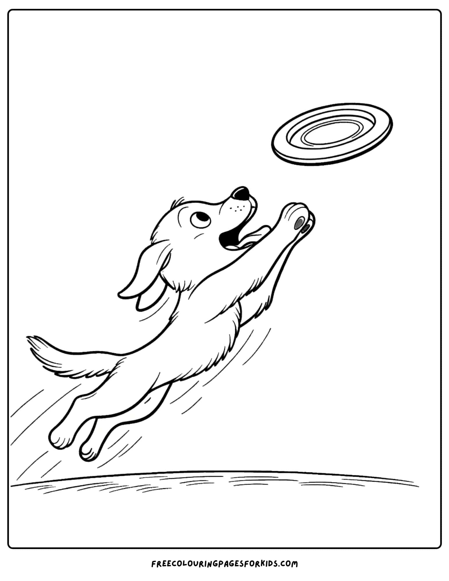 dog playing with a frisbee coloring page