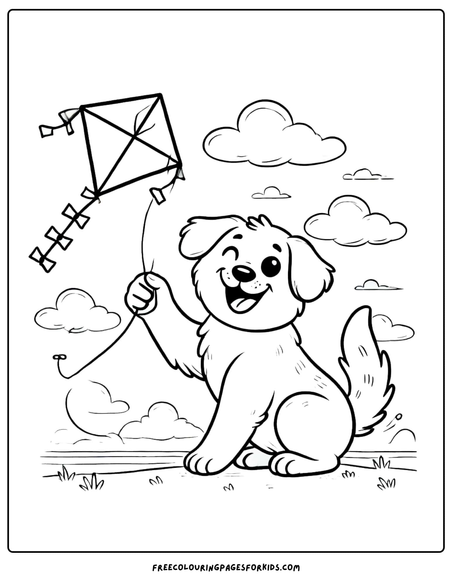 dog flying a kite coloring page