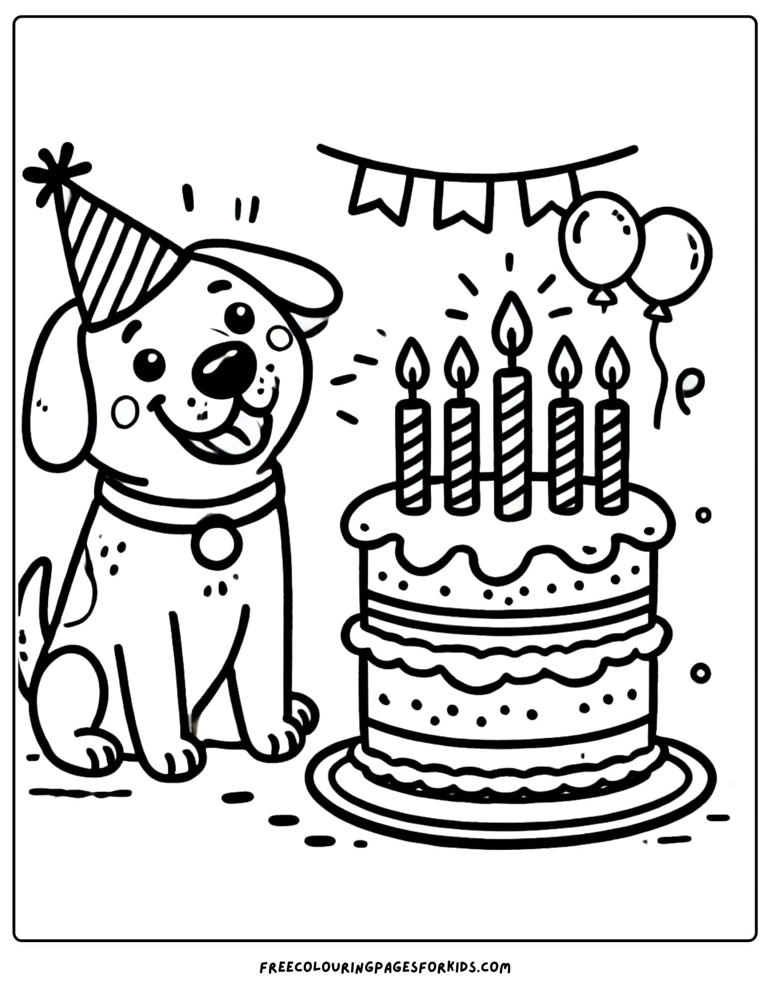 dog with a birthday cake coloring page