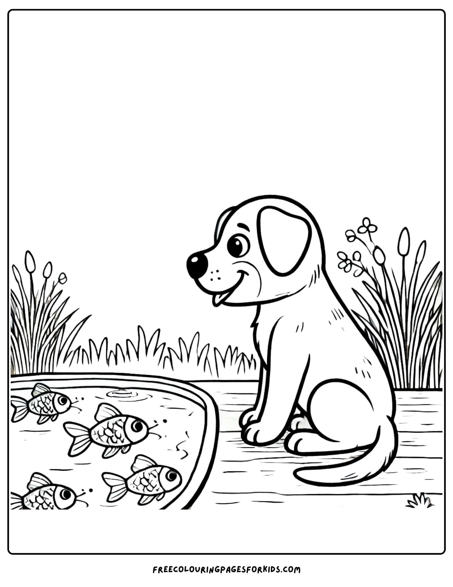 dog at a pond with fish coloring page