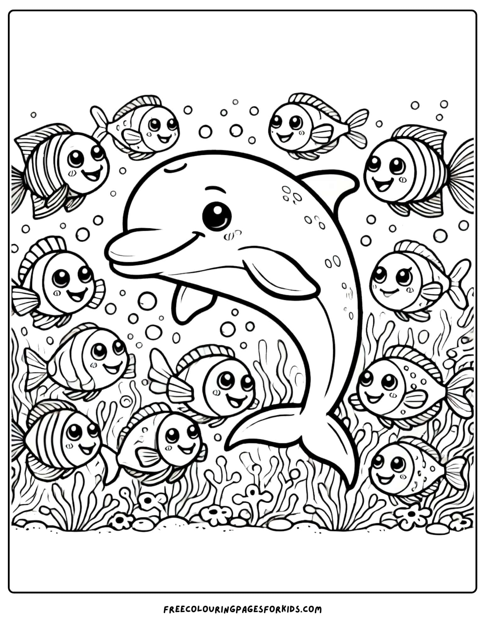 dolphin and fish friends coloring page