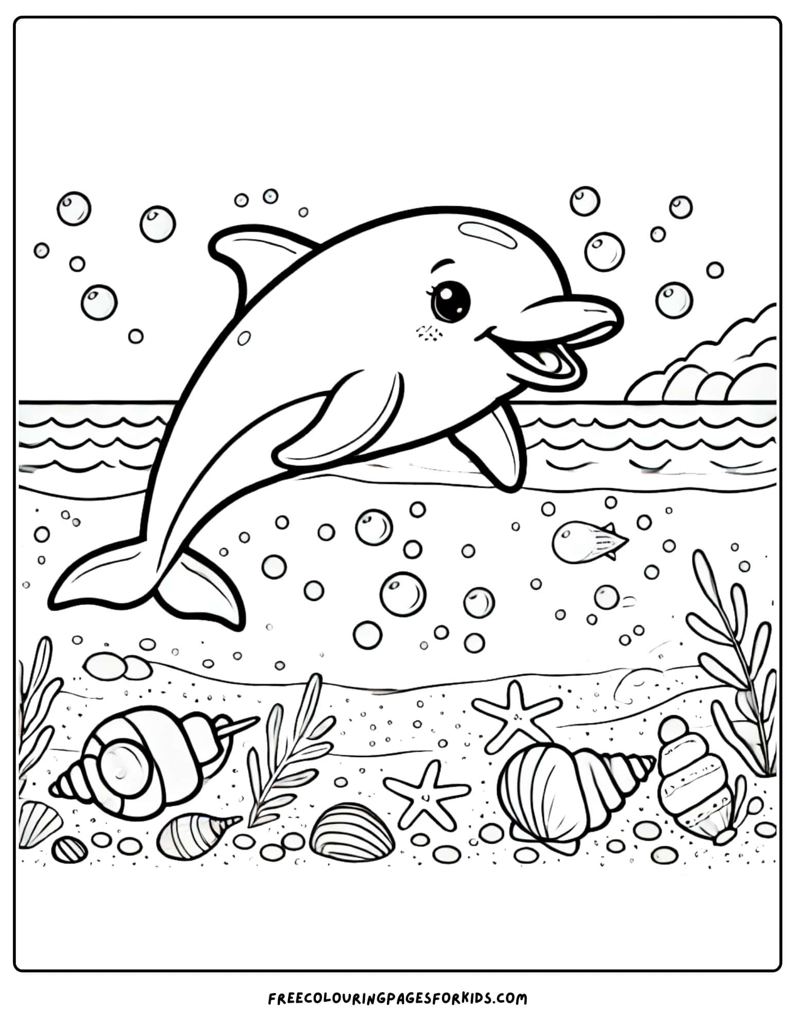 dolphin and seashells coloring page