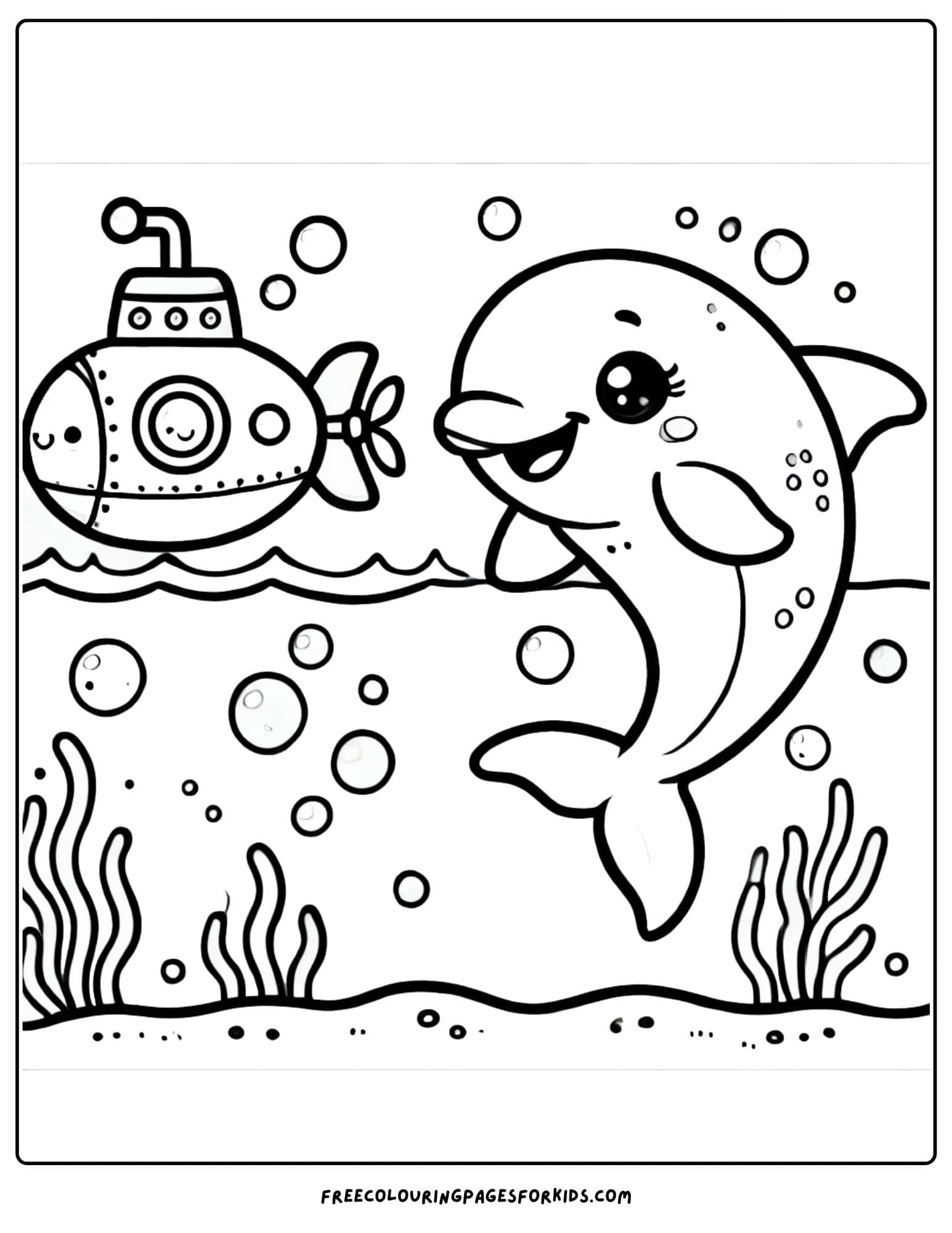 dolphin and a submarine coloring page