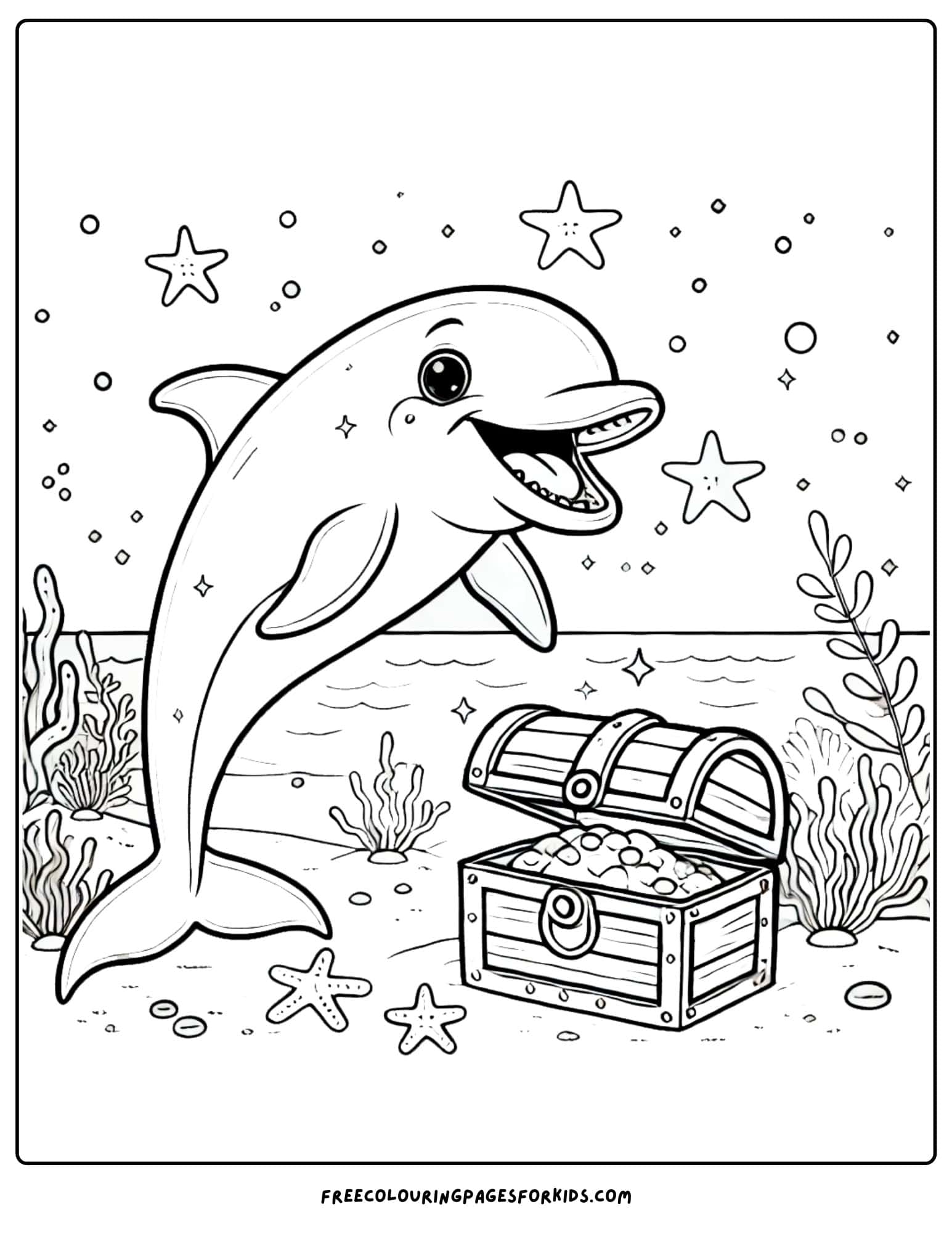 dolphin and a treasure chest coloring page