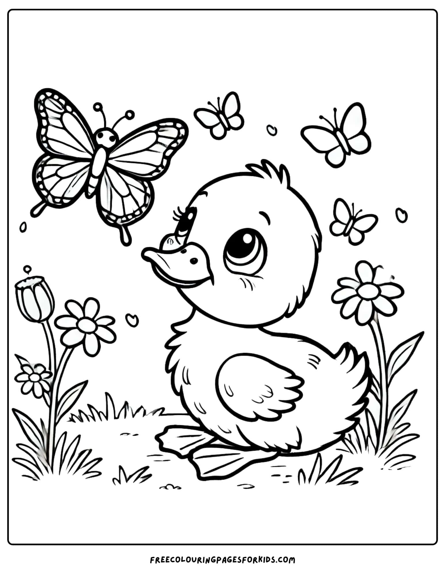 duck looking at a butterfly coloring page