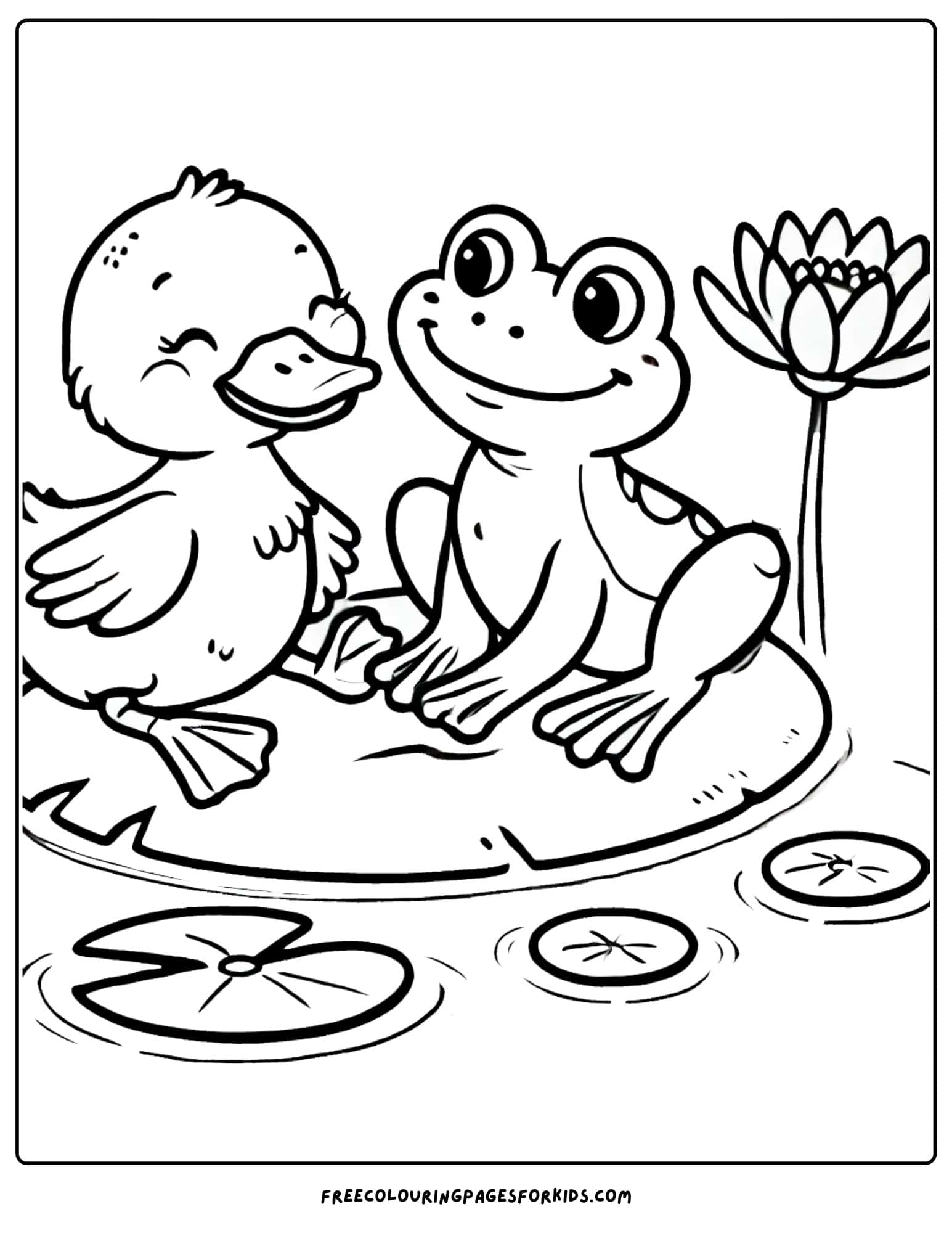 duck with a frog on a lilly pad coloring page