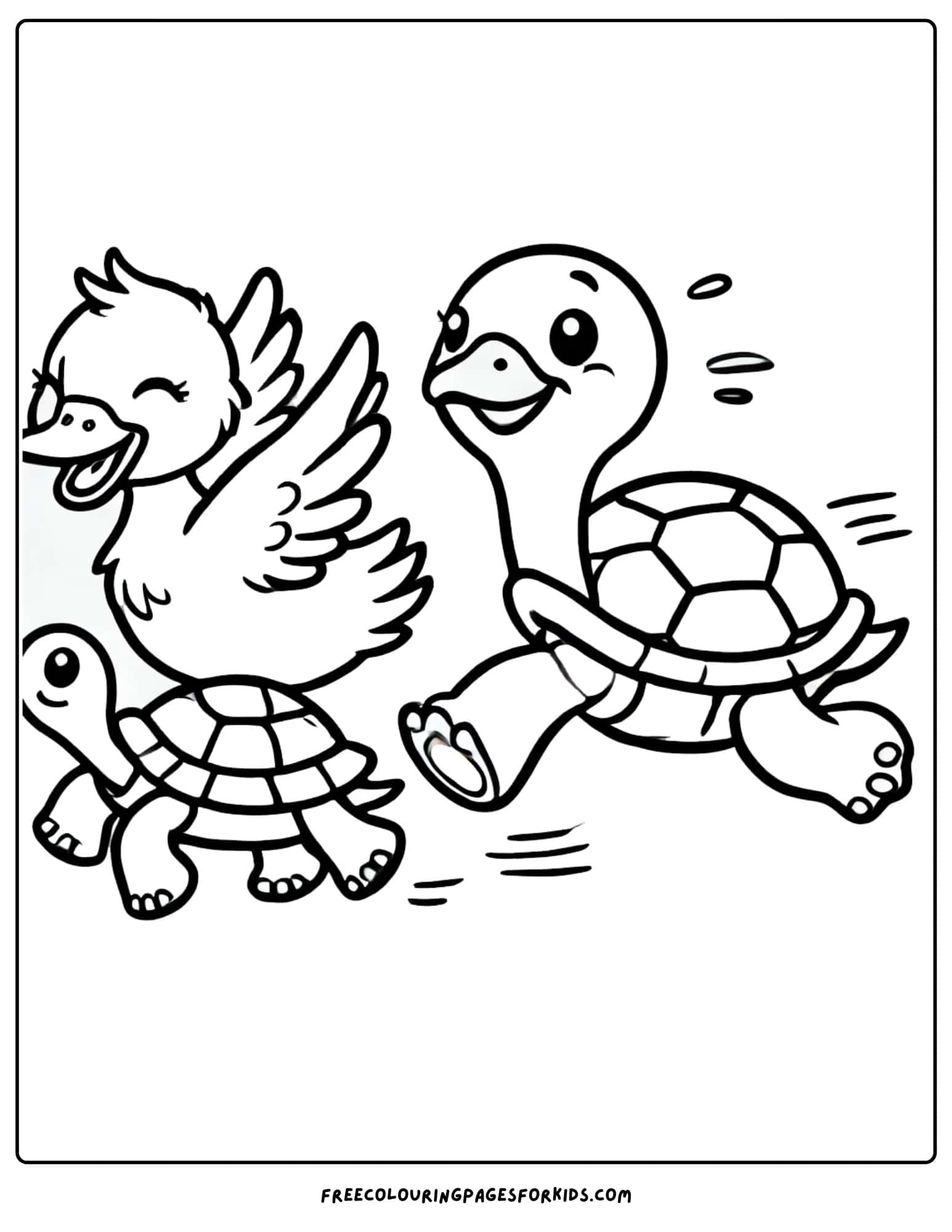 duck and turtles having a race coloring page