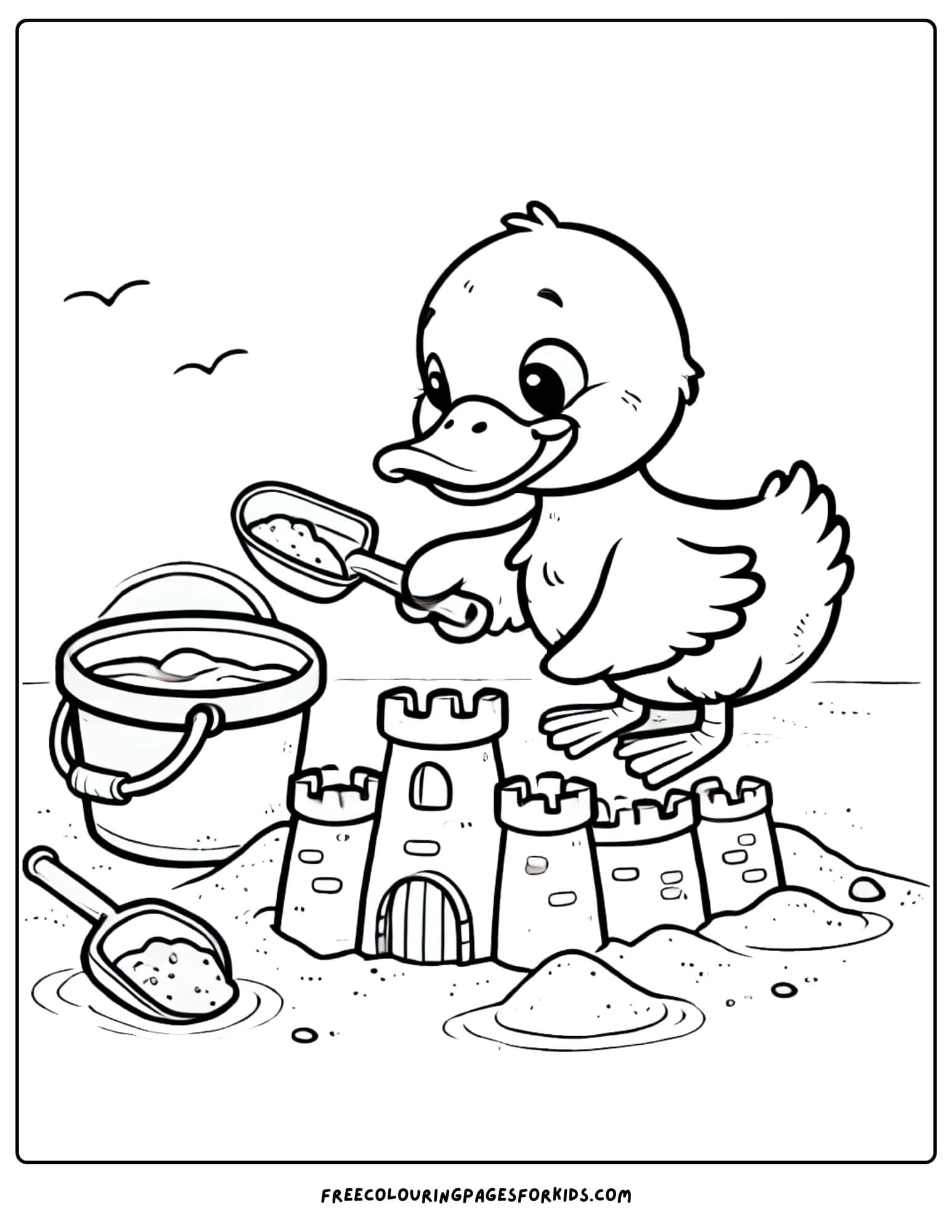 duck building a sandcastle on the beach coloring page