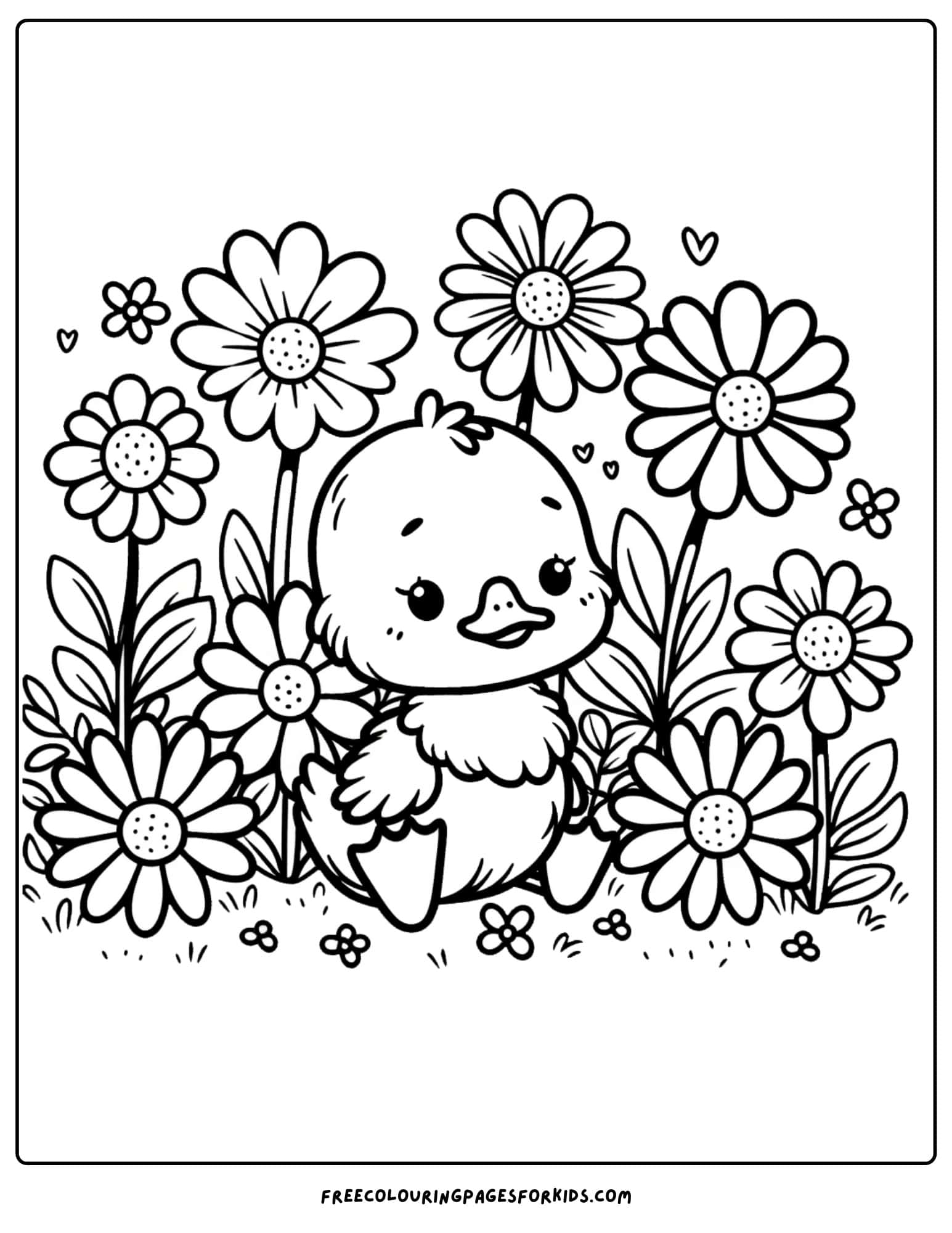 duck in a flower garden coloring page