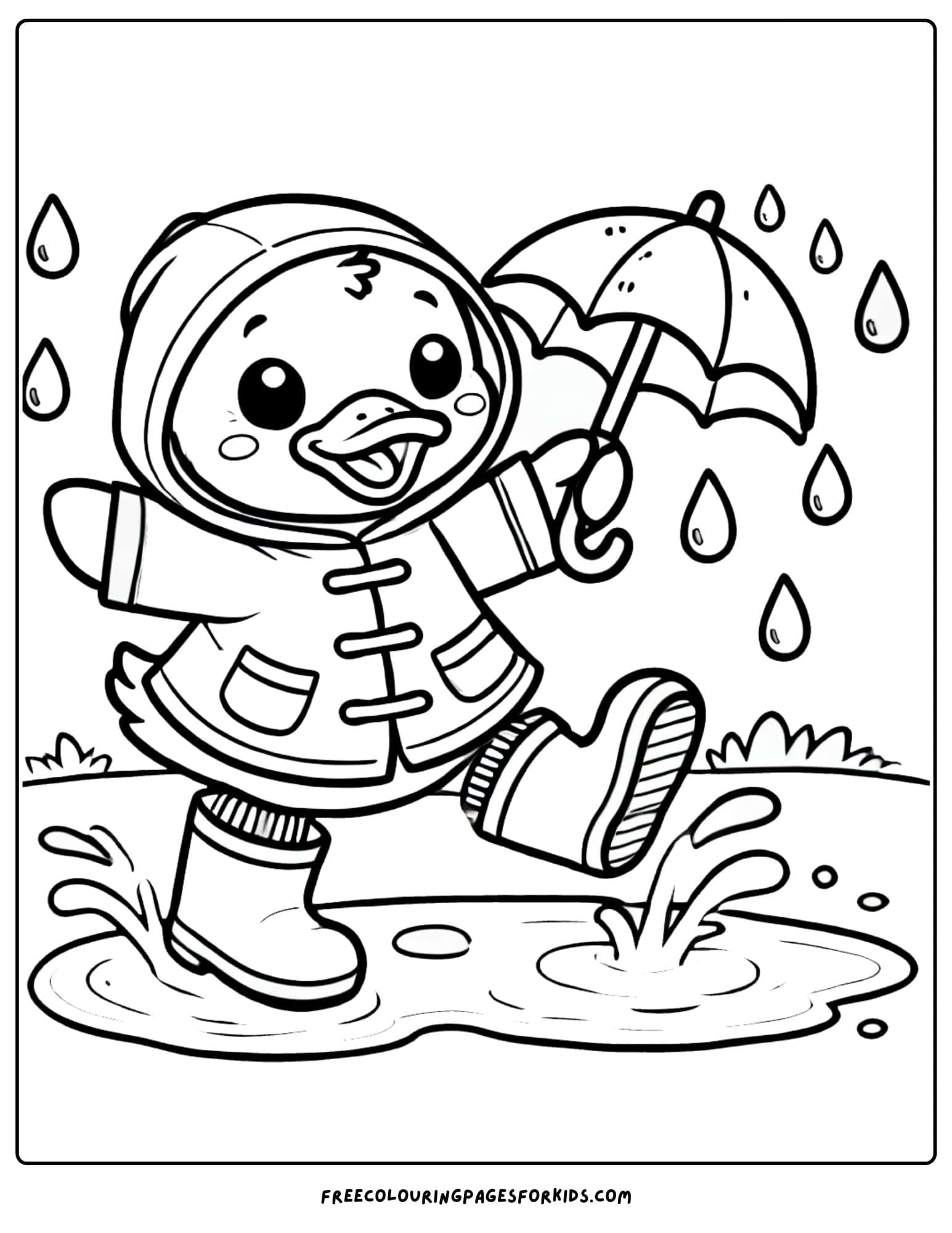 duck splashing in the rain with an umbrella coloring page