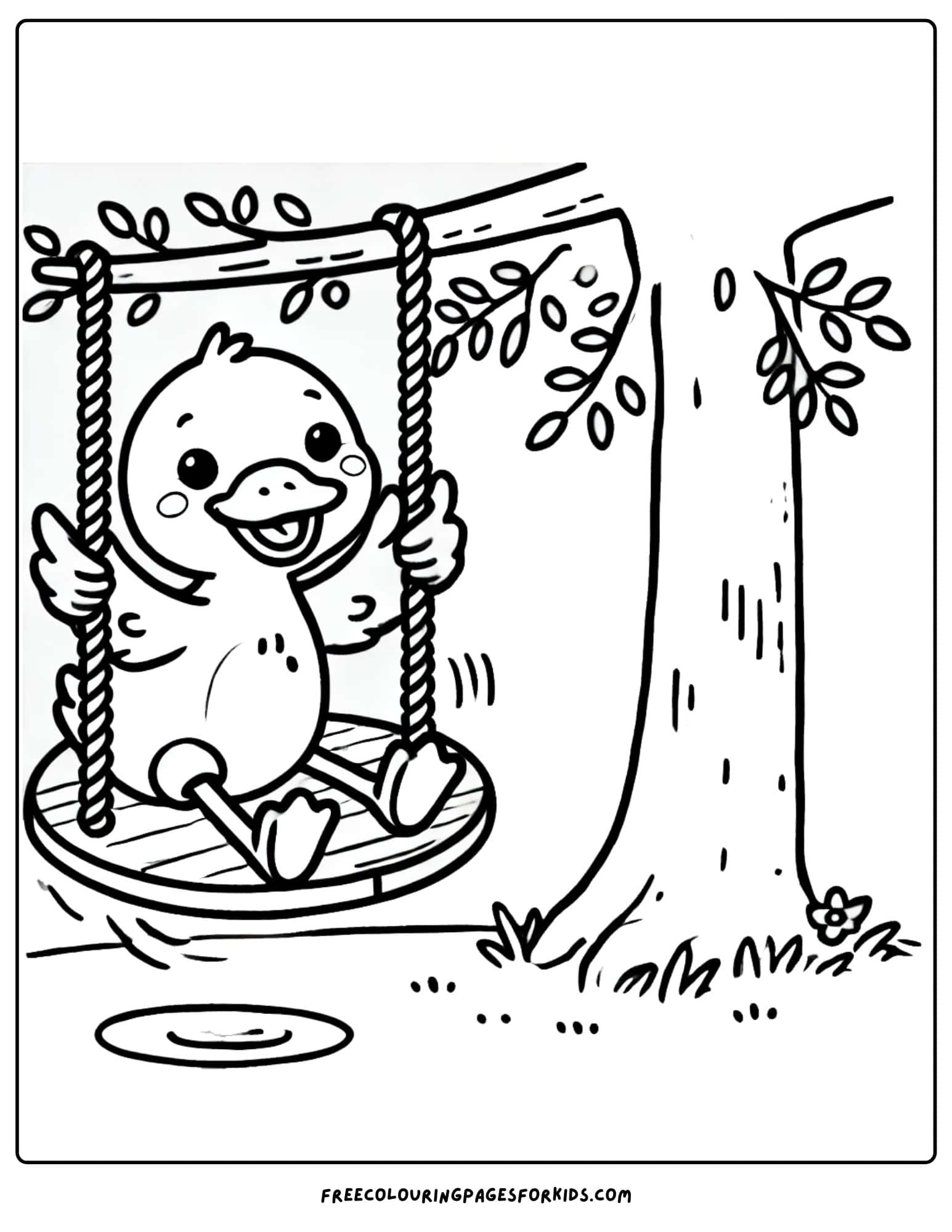 duck sitting on a tree swing coloring page