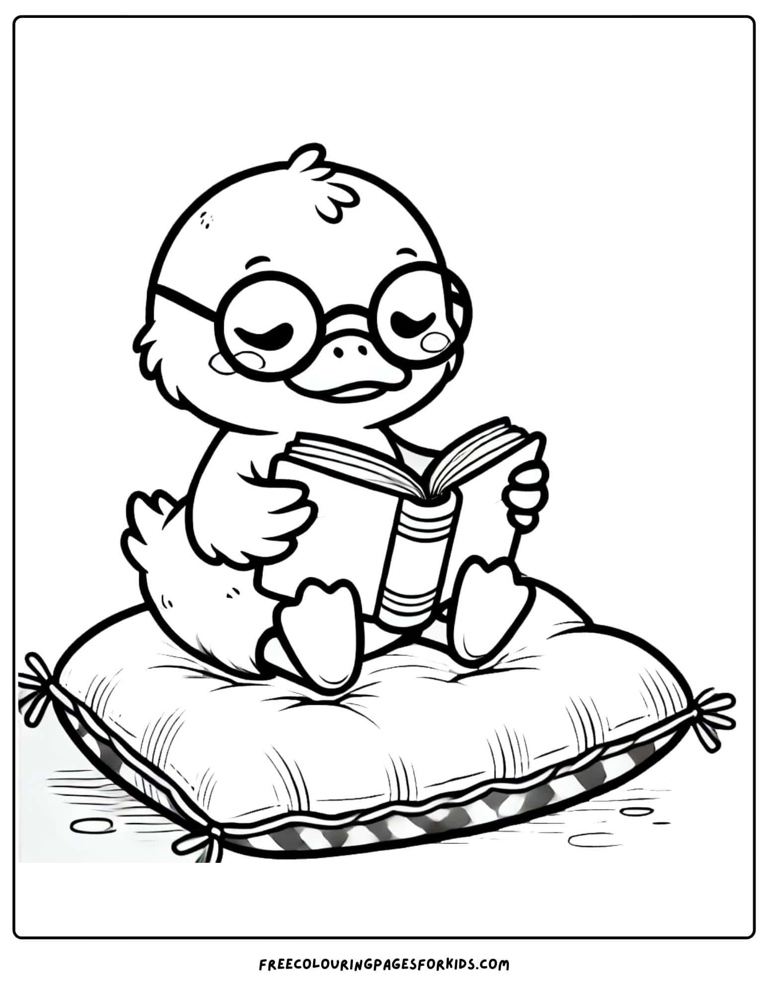 duck reading a book while sitting on a cushion coloring page