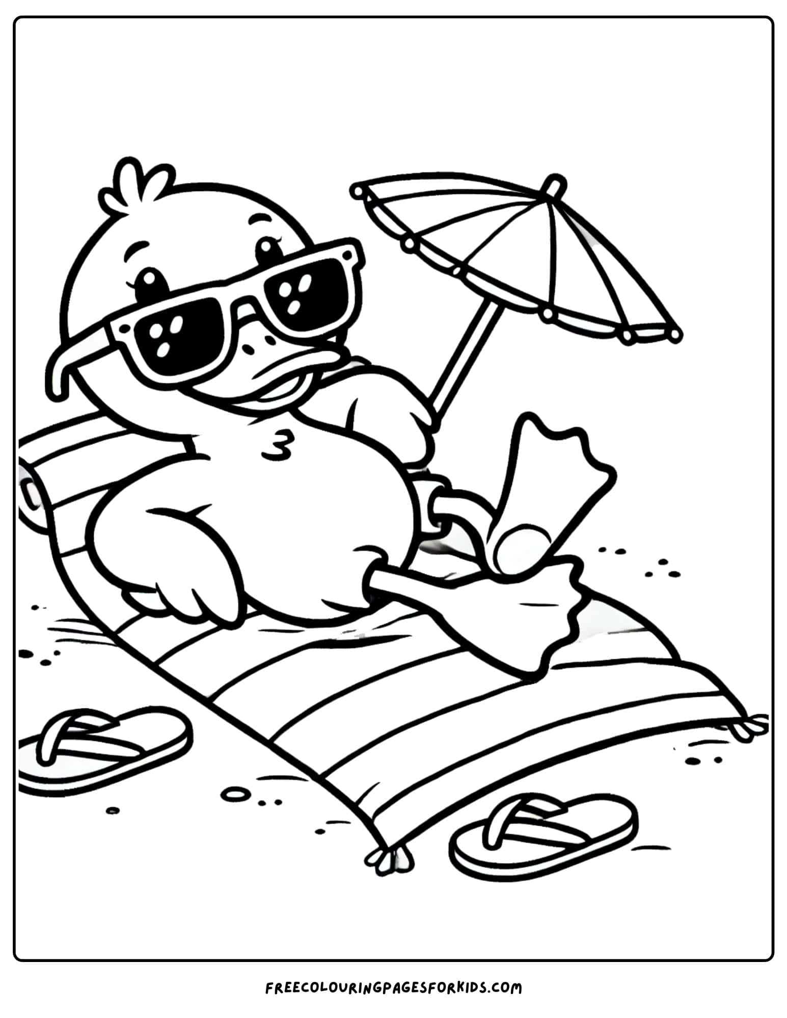 duck wearing sunglasses laying on the beach coloring page