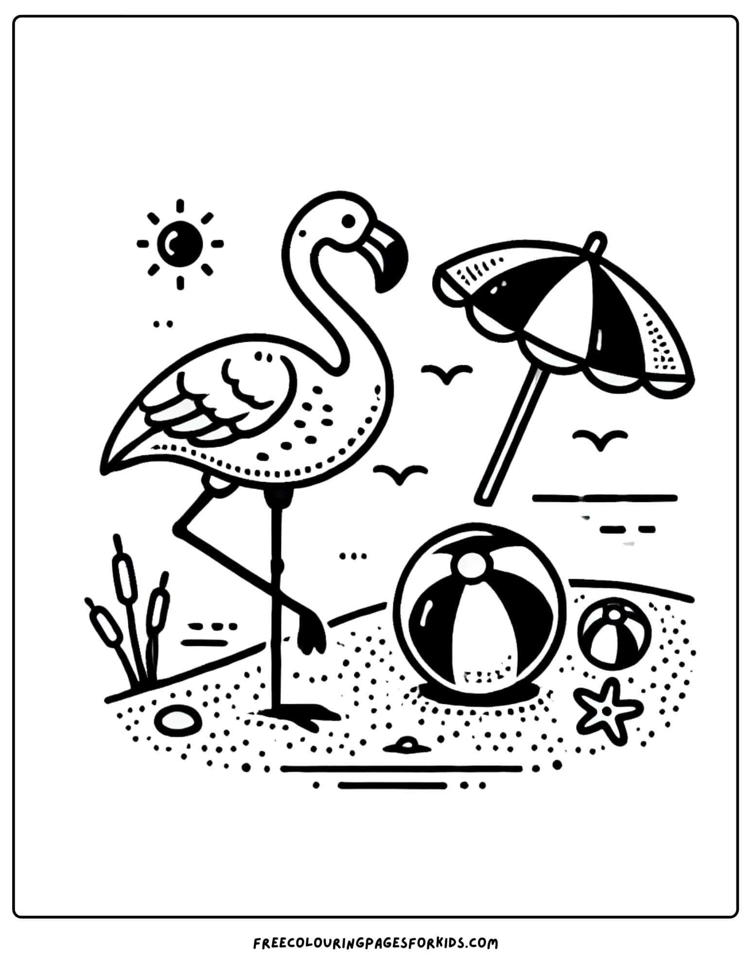 flamingo at the beach with ball and umbrella coloring page