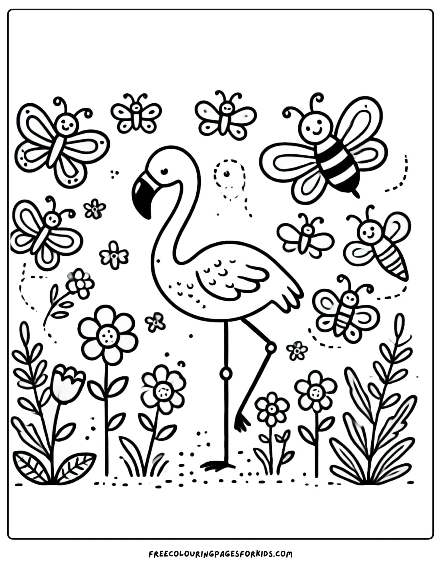 flamingo in the garden with flowers and butterflies coloring page