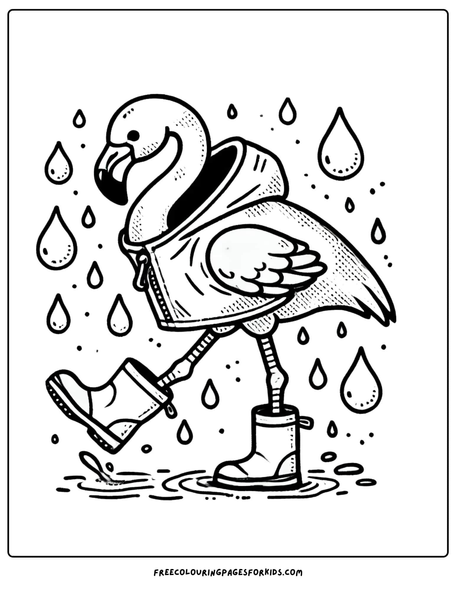 flamingo wearing a coat in the rain coloring page