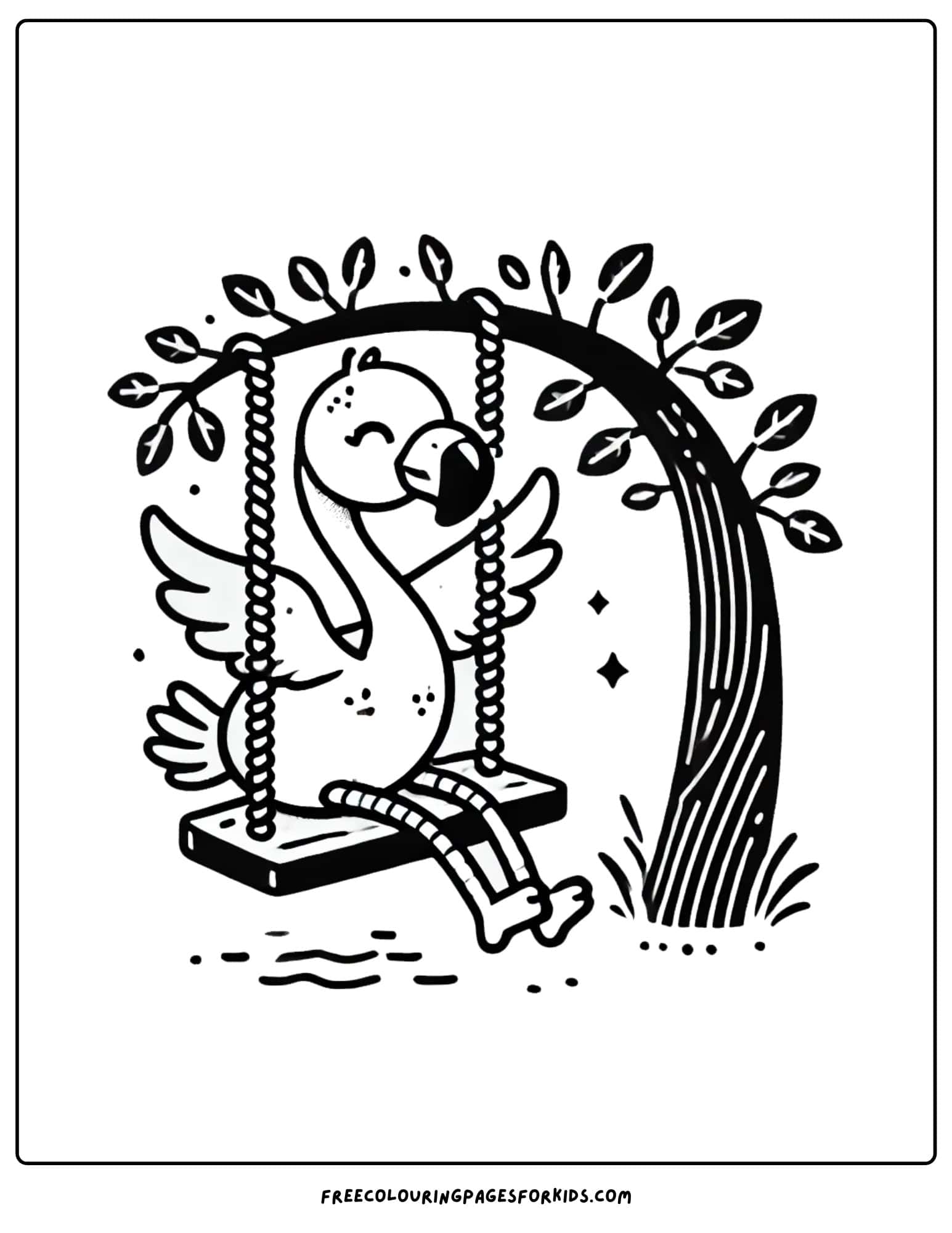 flamingo sitting on a tree swing coloring page