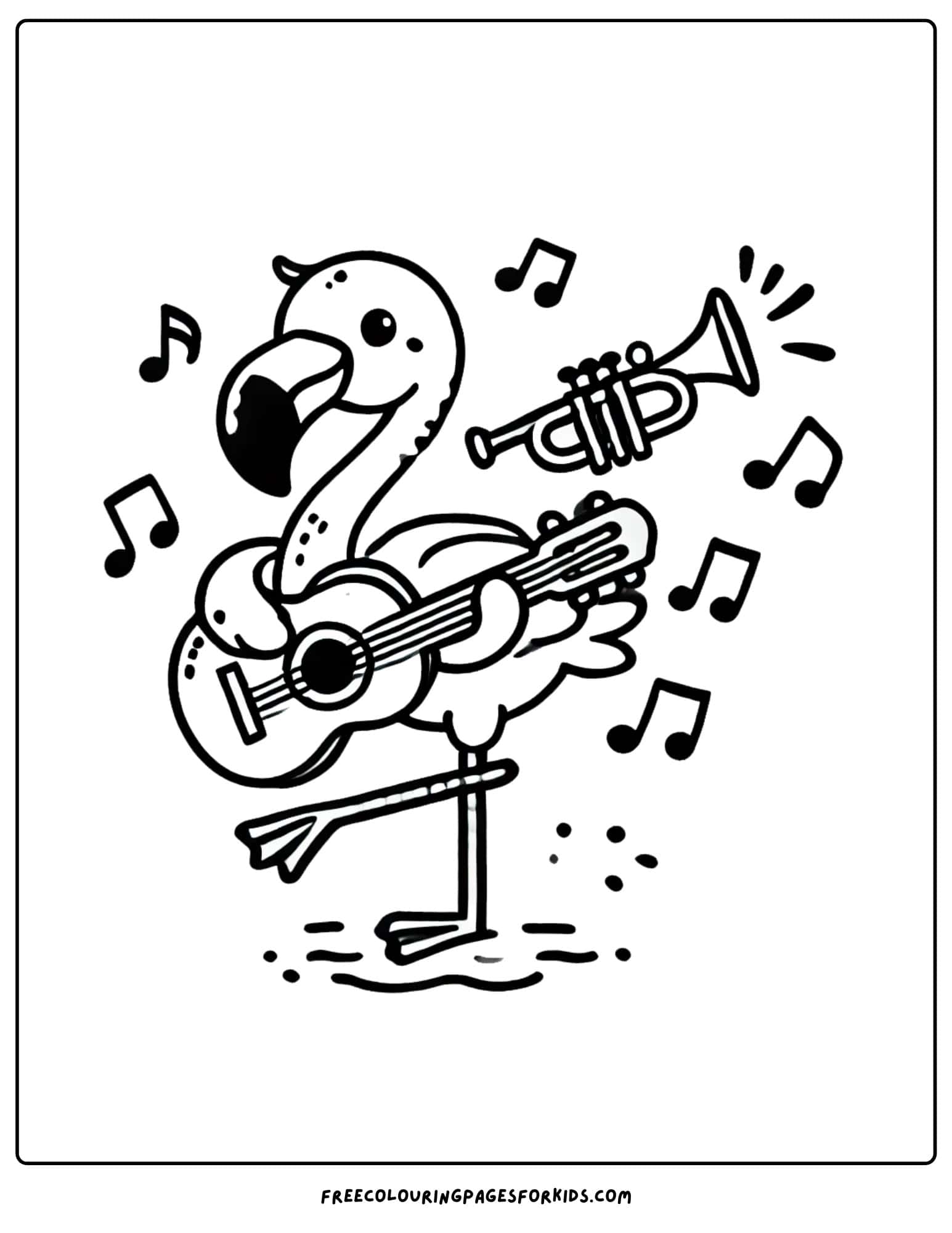 flamingo playing music on a guitar coloring page