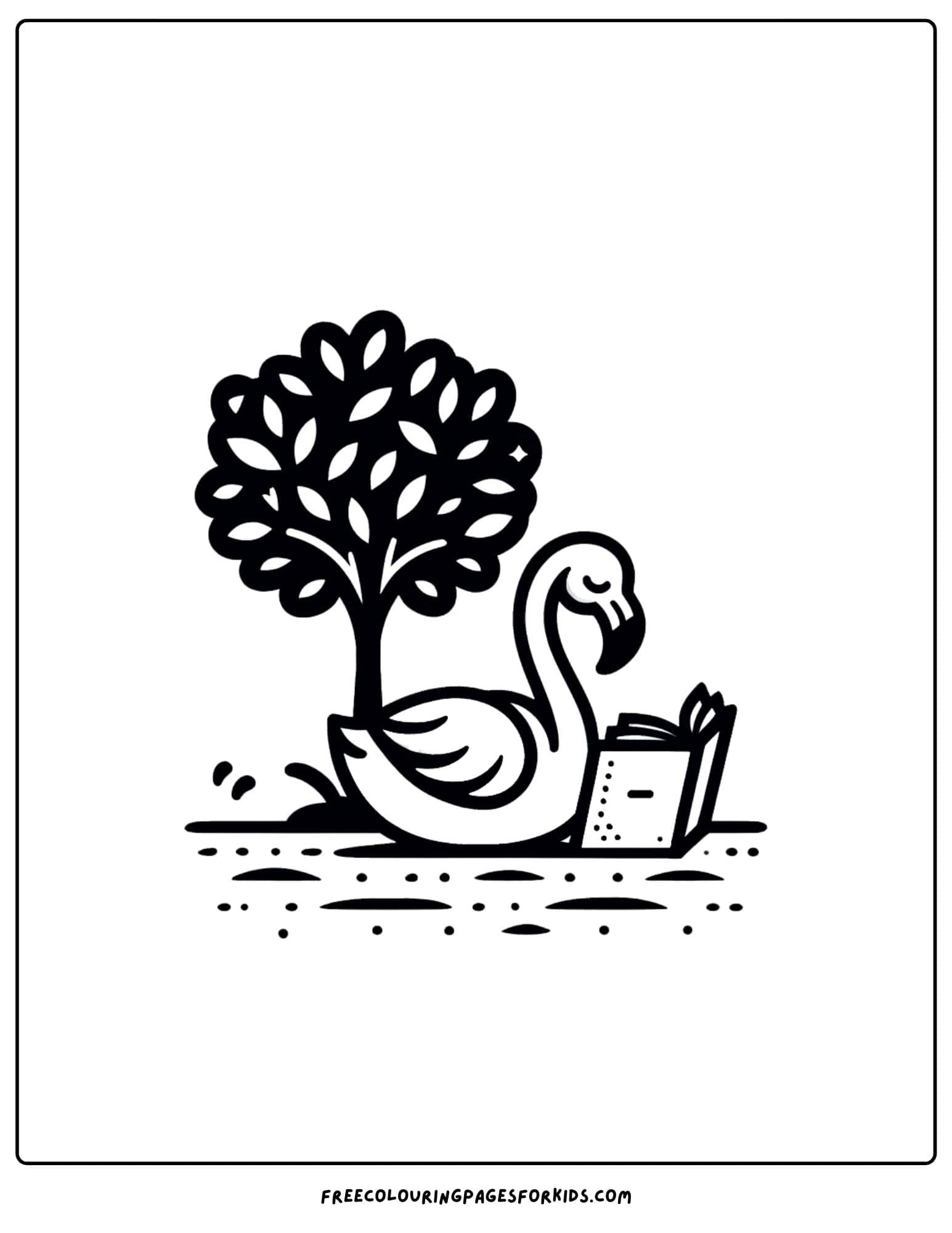 flamingo reading a book under a tree coloring page