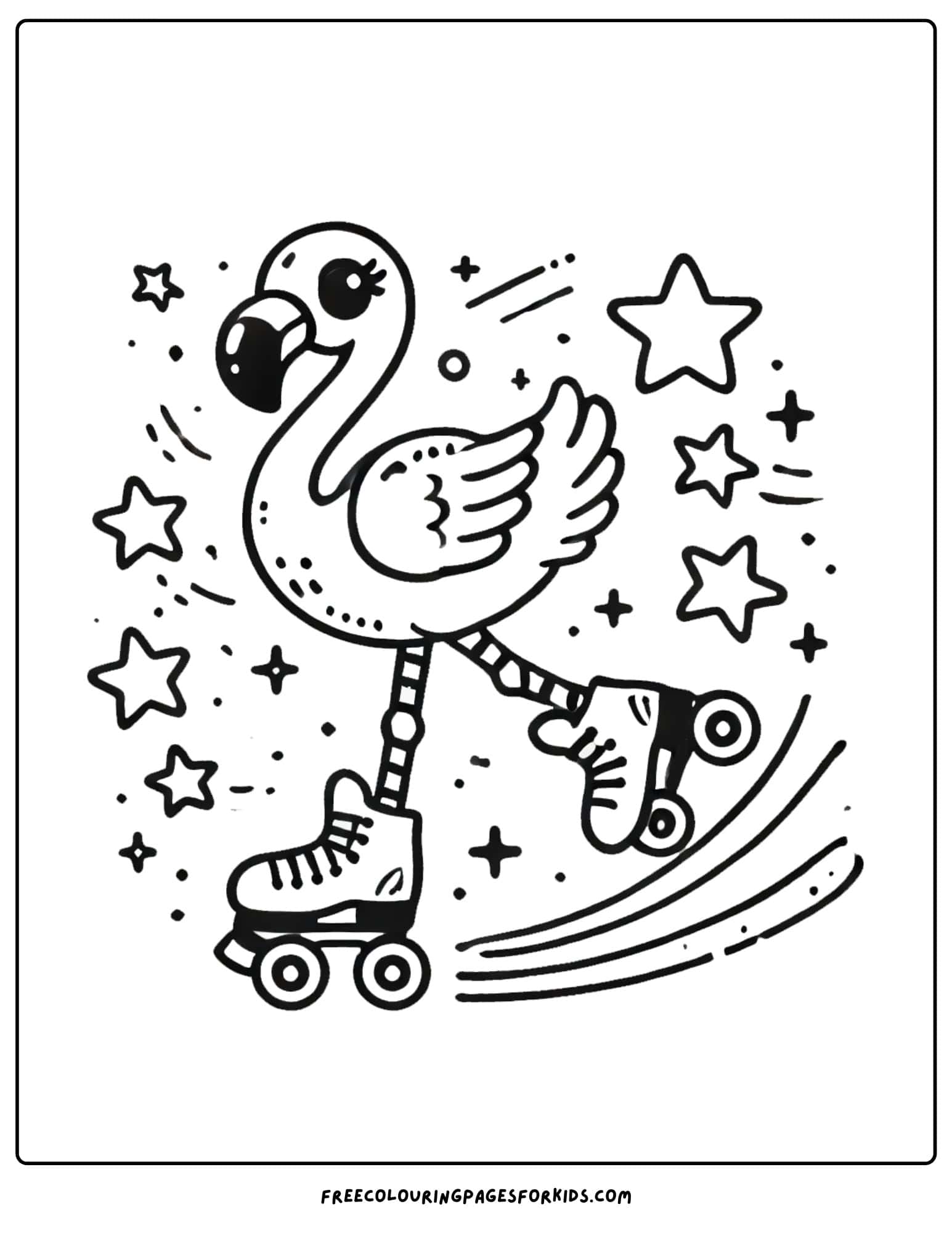 flamingo racing past on roller skates coloring page