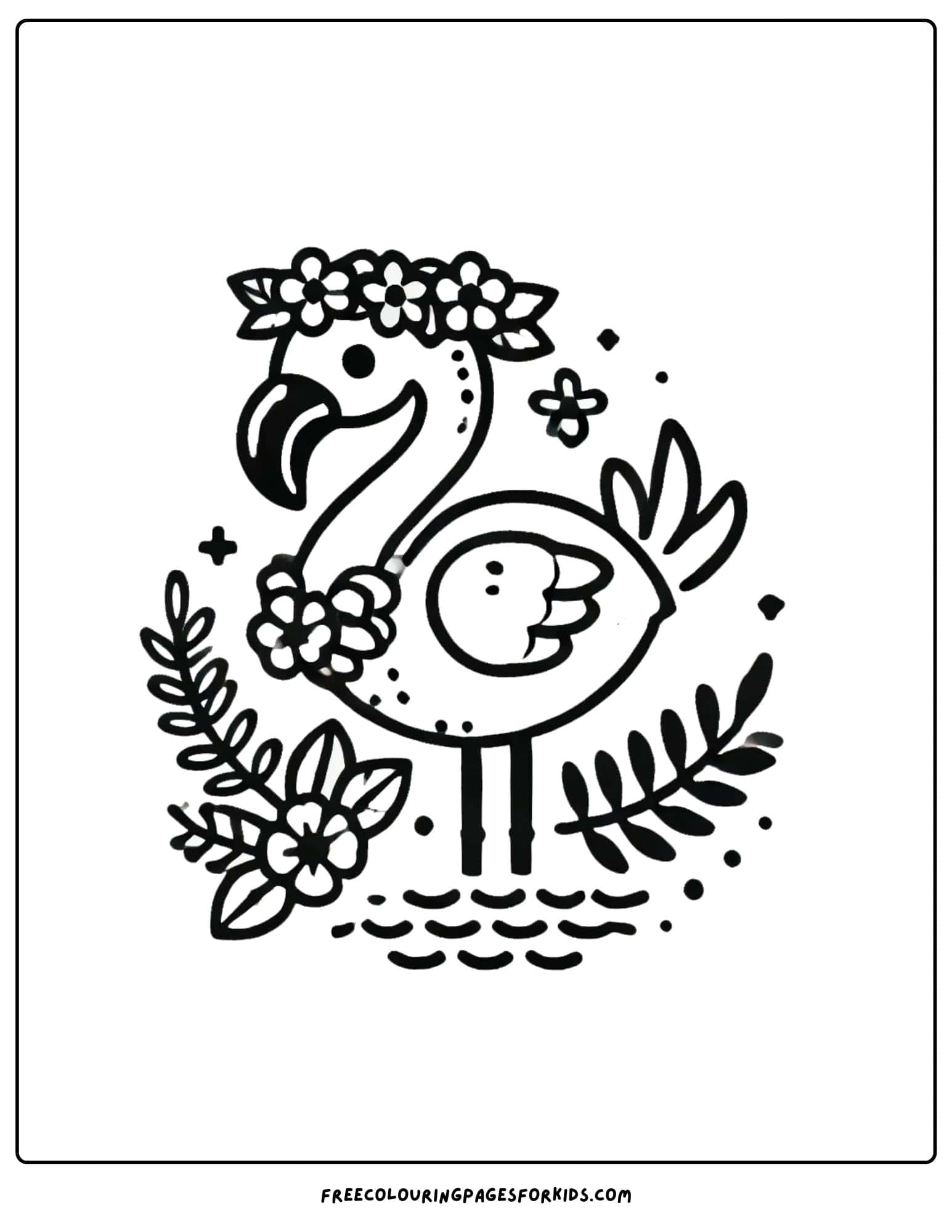 flamingo wearing a flower garland on its head coloring page