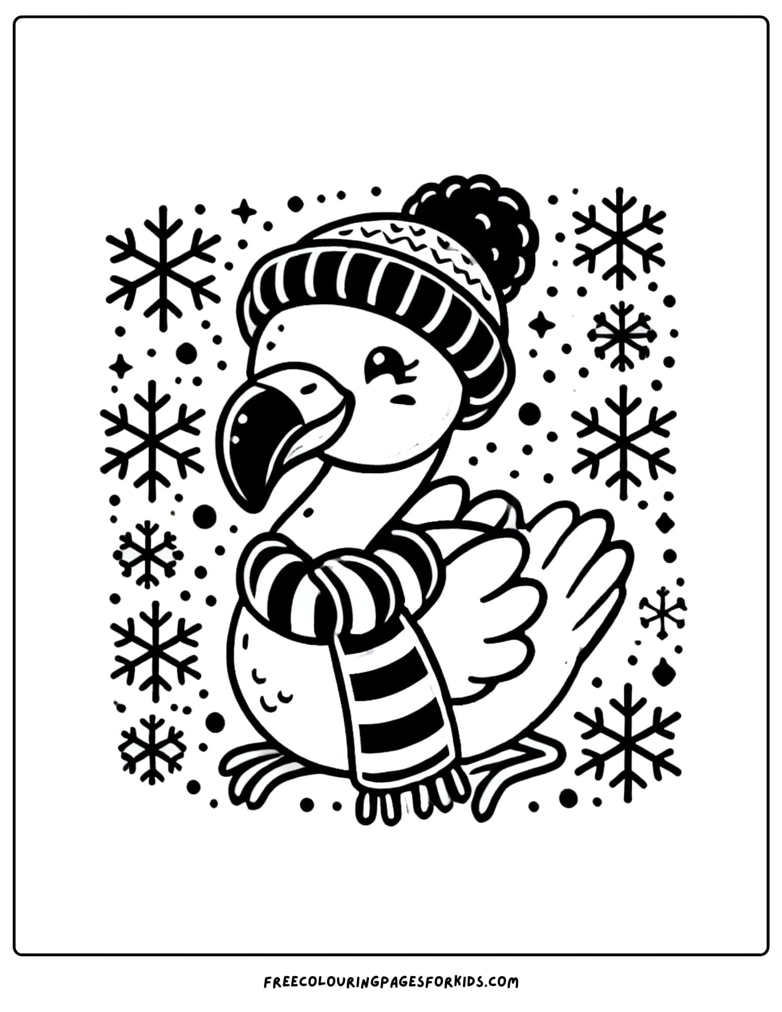 flamingo wearing a winter hat and scarf coloring page