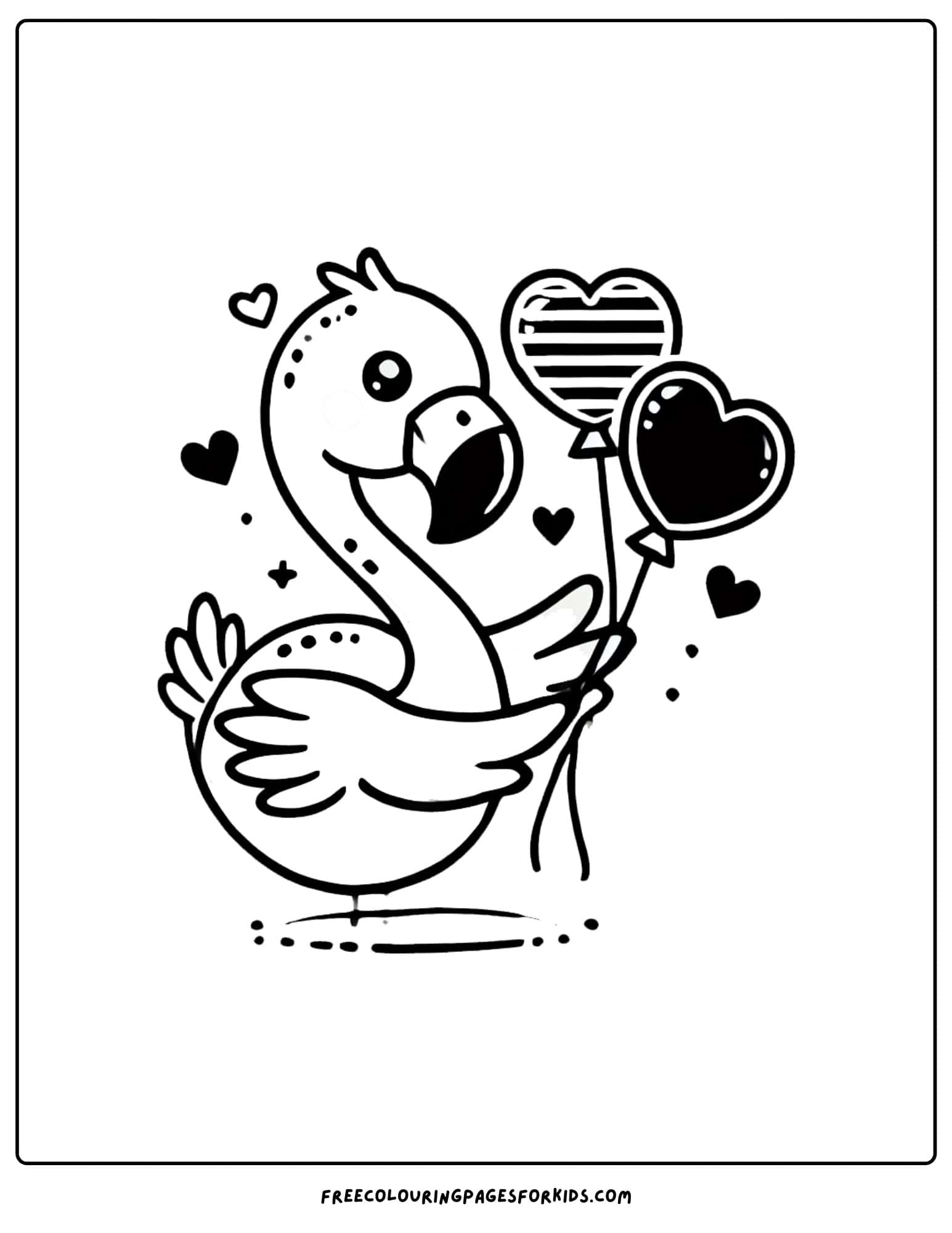 flamingo holding heart balloons coloring page