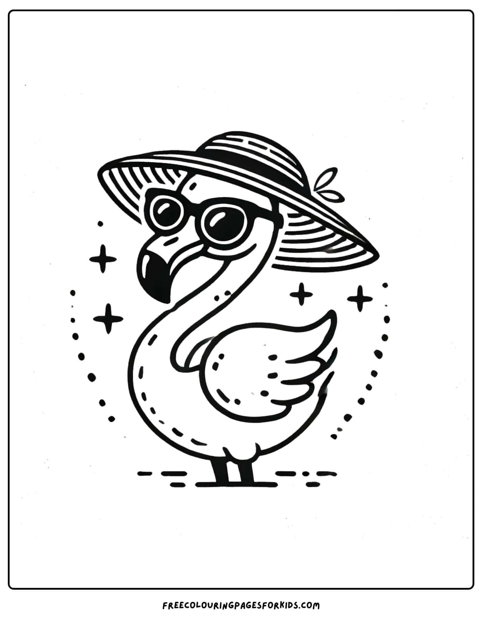 flamingo wearing a sun hat coloring page