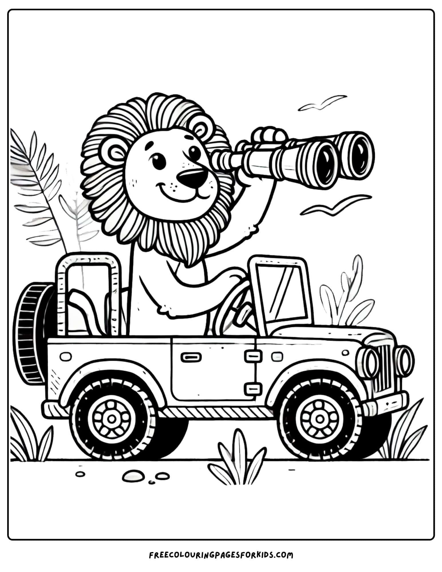 lion driving a jeep coloring page