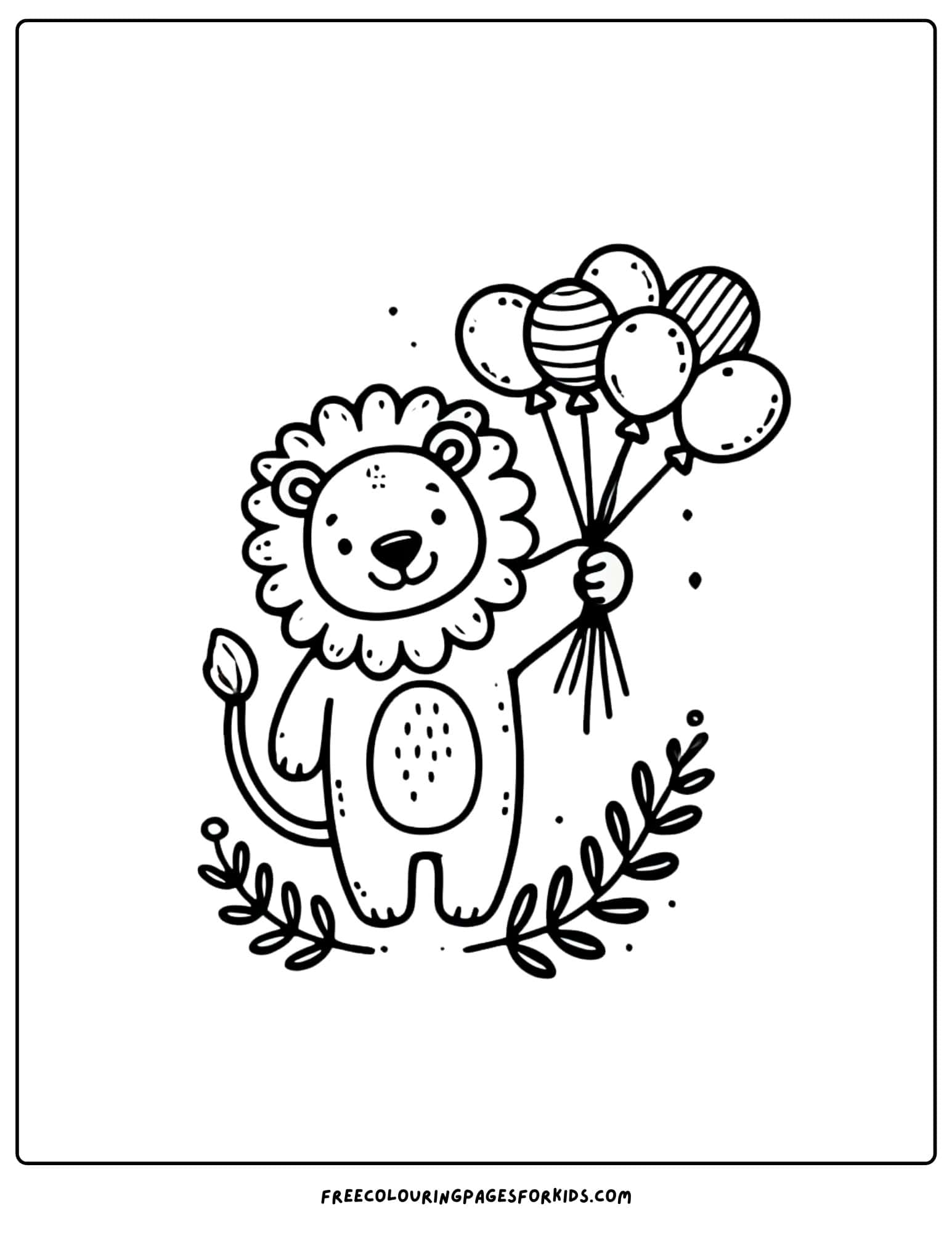 lion holding balloons coloring page