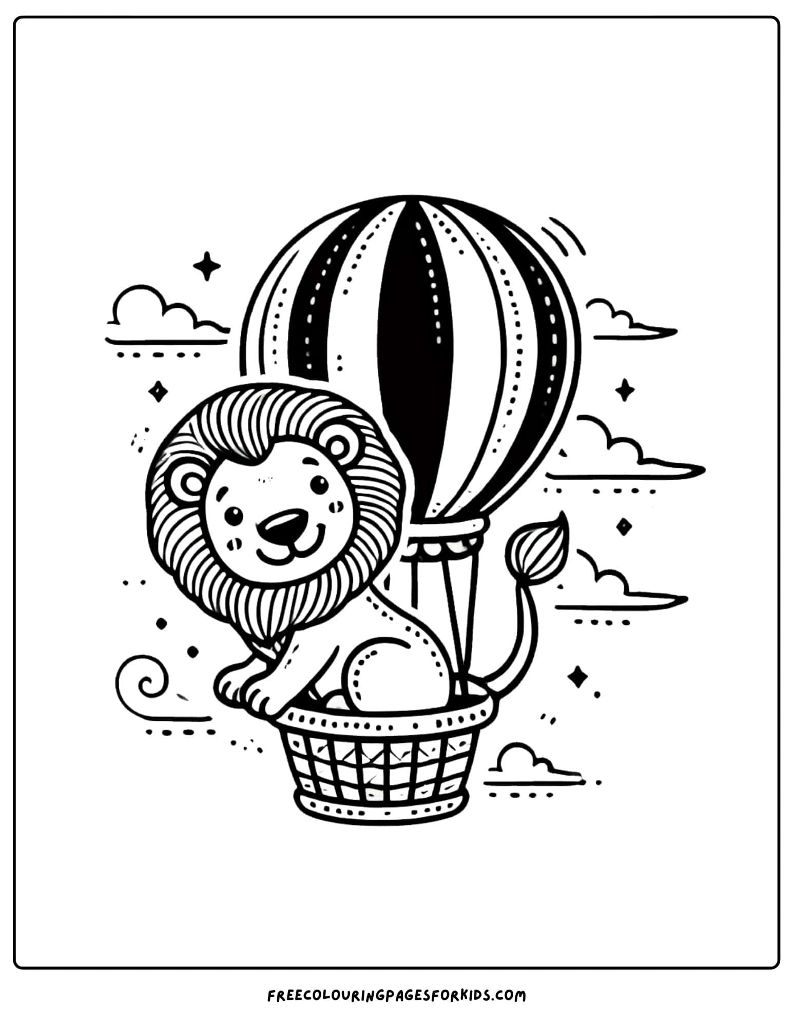 lion in a hot air balloon coloring page